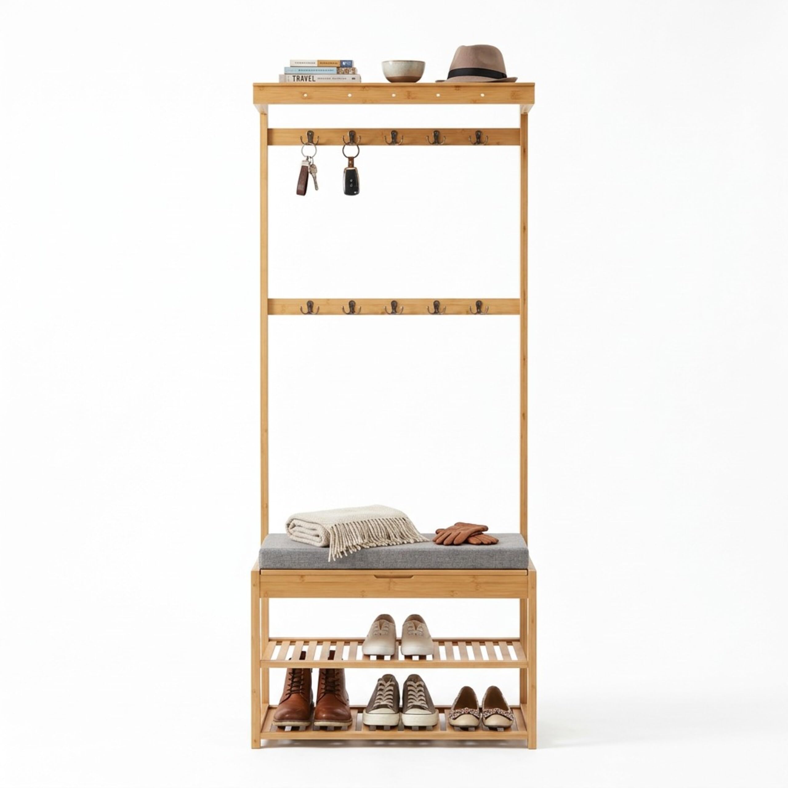 Relaxdays Porte-Manteau et Banc en Bambou 2 étagères à Chaussures 10 Crochets 175x70x33 cm Naturel