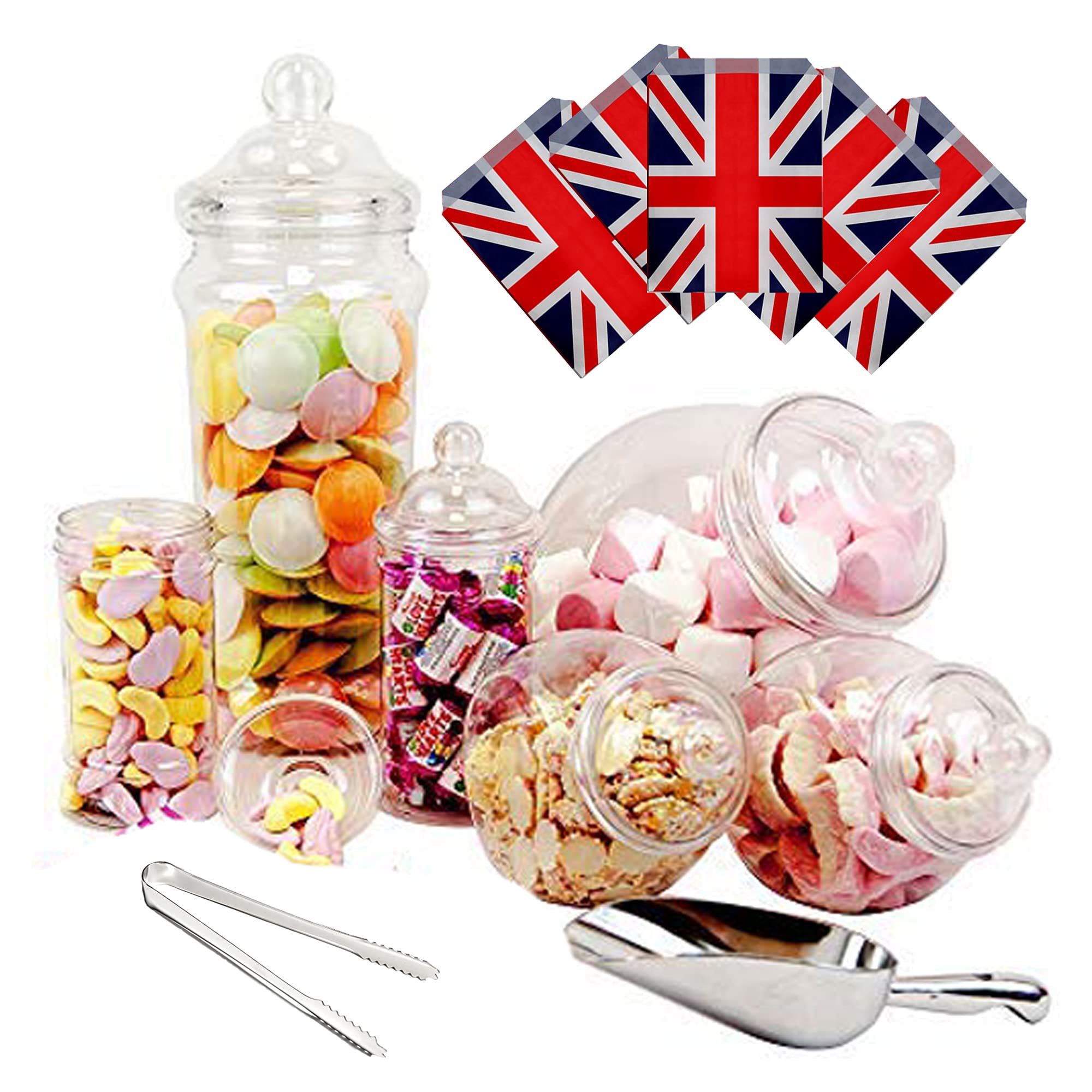 Purple Square Union Jack 6 Jar Retro Pick & Mix Victorian Sweet Shop Candy Buffet Kit Party Pack With Scoop, Tongs & Bags