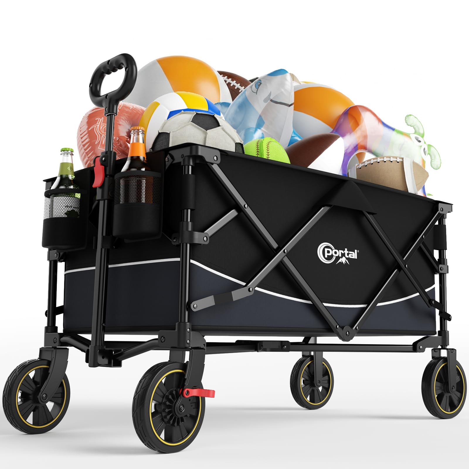 Portal Bollerwagen faltbar XXL Große Ladefläche 120kg belastbar Handwagen mit Getränkehalter Seitentasche Transportwagen Leiterwagen klappbar Strandwagen Faltwagen für Garten Camping Festival