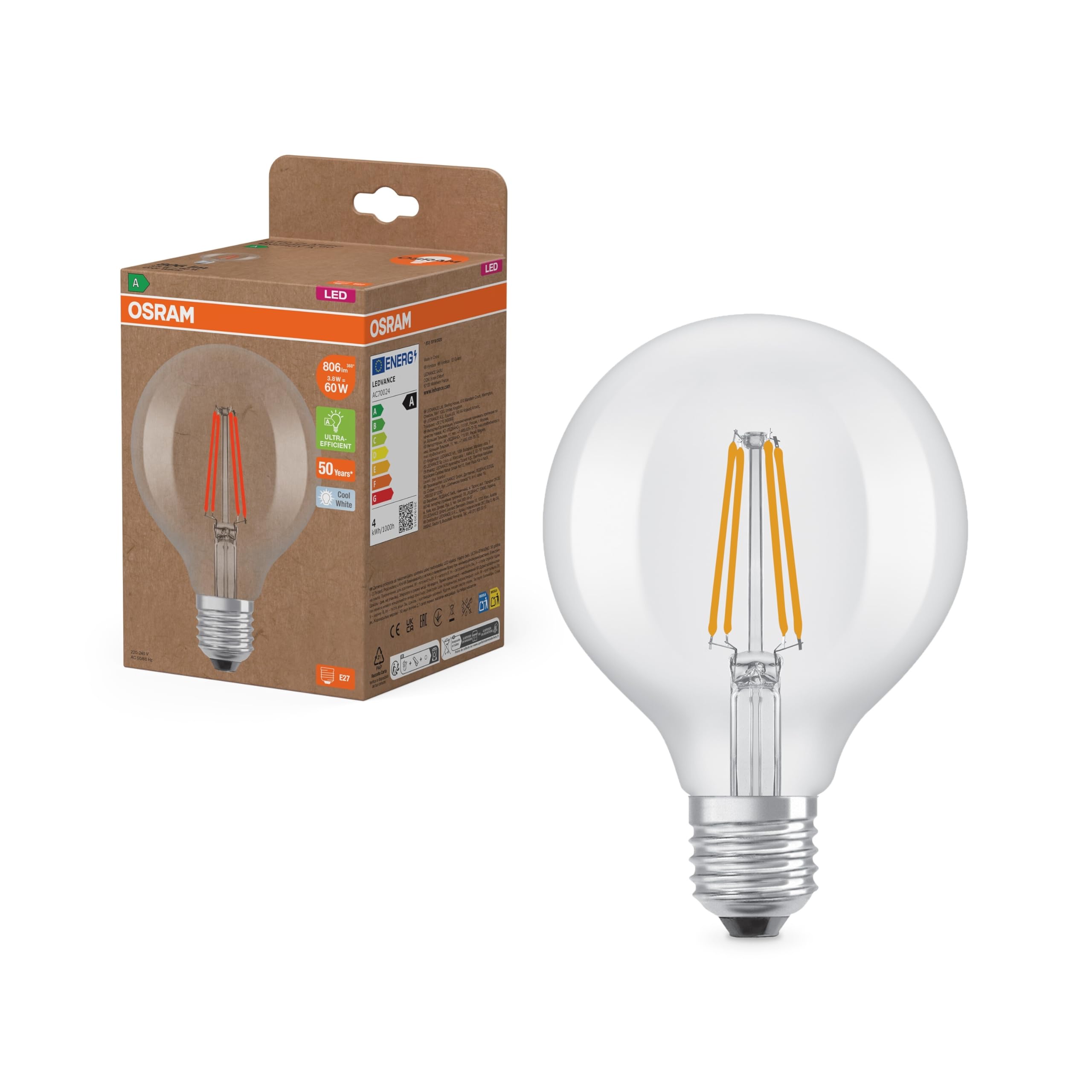 Osram Led Bulb Globe G95 E27 3.8W Filament Led Bulb 4,000K