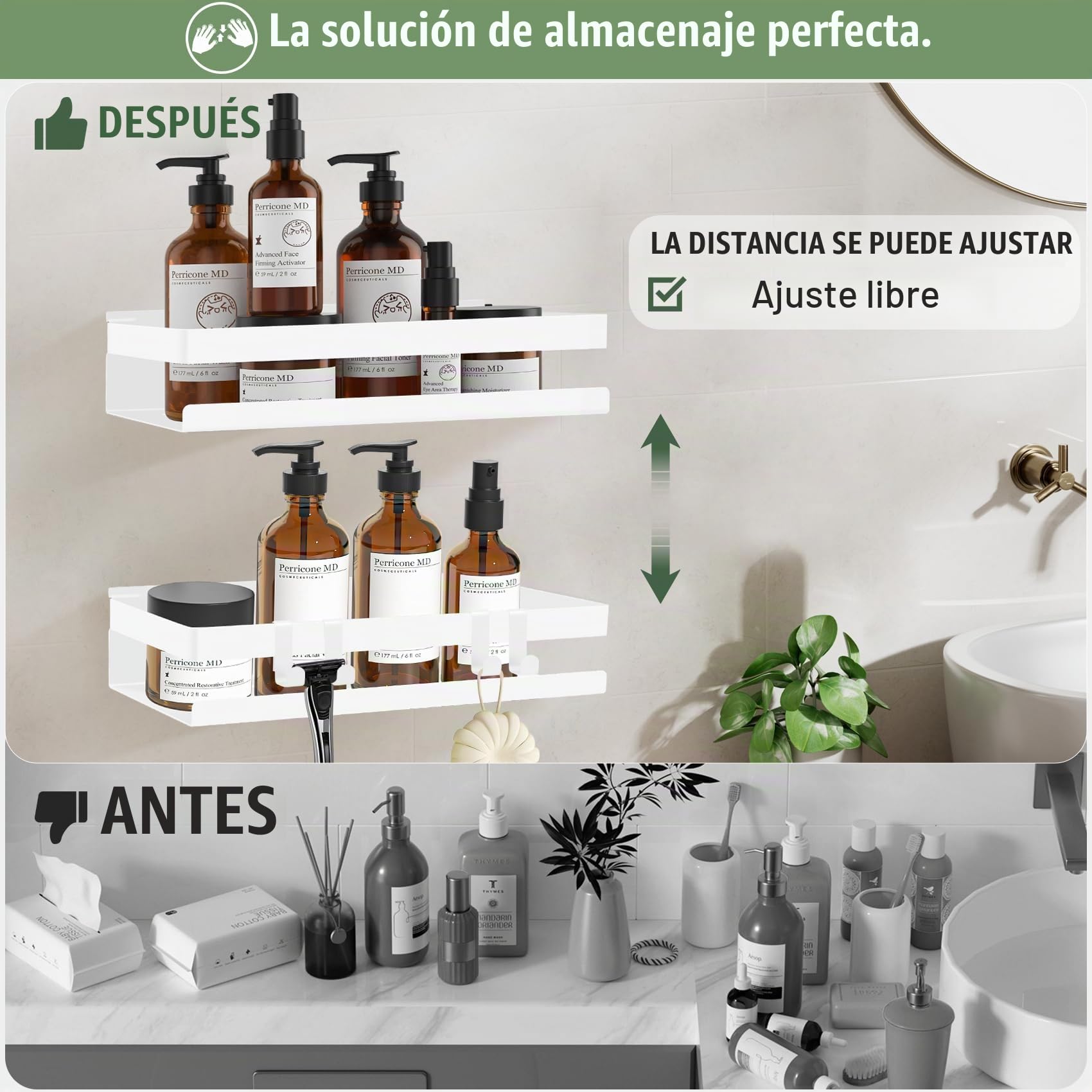 FoiiLiio Estanteria Baño 2 Piezas Estanteria Ducha sin Taladro con 4 Ganchos 30cm Estante Ducha para Baño, Blanco