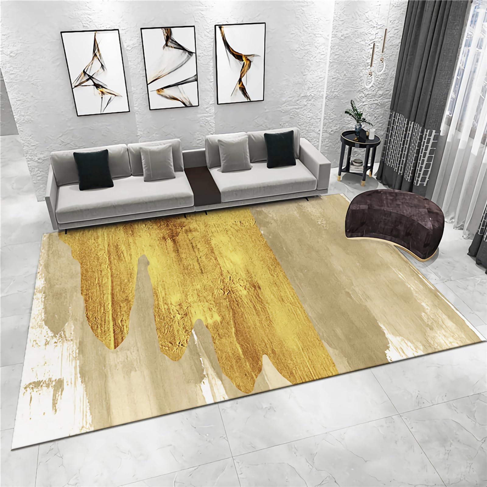 Tapis chambre bebe fille au motif minimaliste brun doré et encre, 180x250cm