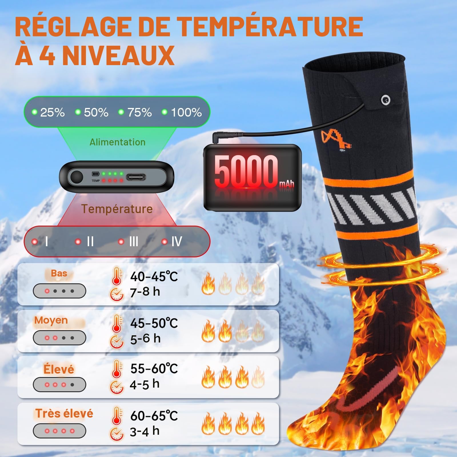 Chaussettes Chauffantes Rechargeables 5V 5000mAh 360° Heating Zone 4 Niveaux de Chauffage Homme Femme