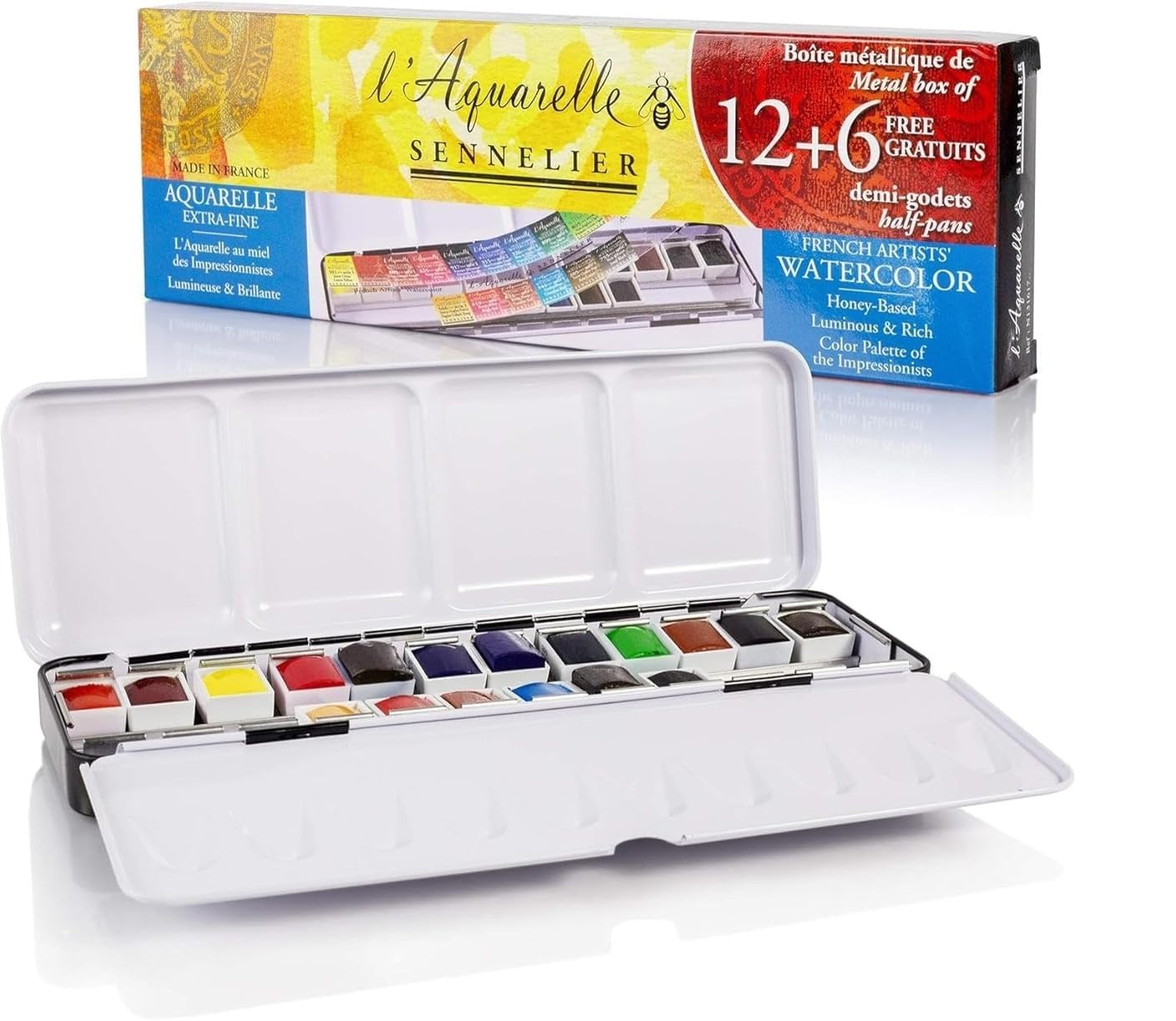 Sennelier Boîte de Peinture Aquarelle Extra-Fines,18 demi-godets Boîte en métal et Da Vinci XS Synthetic Brush Voyage