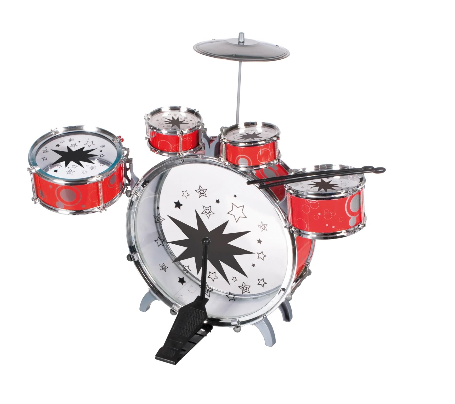 Batería musical para niños con taburete de batería para niños, instrumentos musicales con 5 tambores, 1 plato, 1 taburete, 2 baquetas, instrumento de percusión con silla de batería clásica