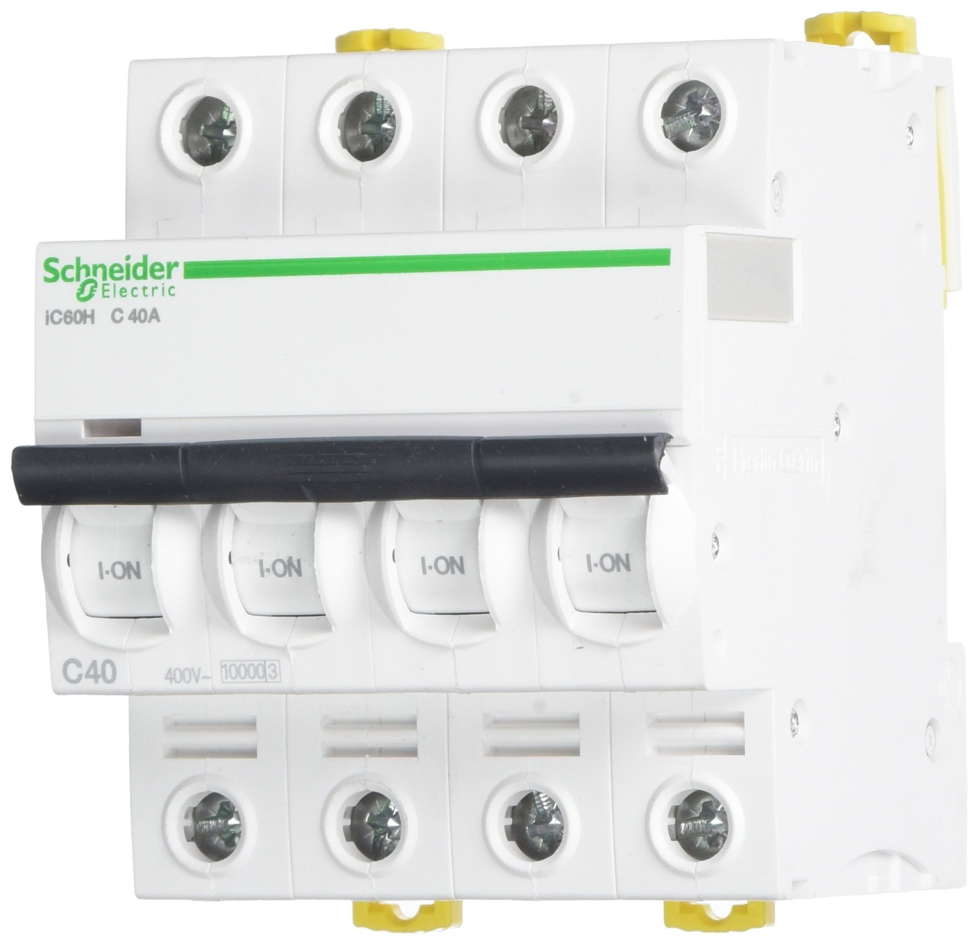 Schneider Electric A9F84440 IC60H Disyuntor, Acti9, Curvatura C, 4P, 85 mm Altura x 72 mm Anchura x 78.5 mm Profundidad, 40 A Corriente, 50/60 Hz, Blanco