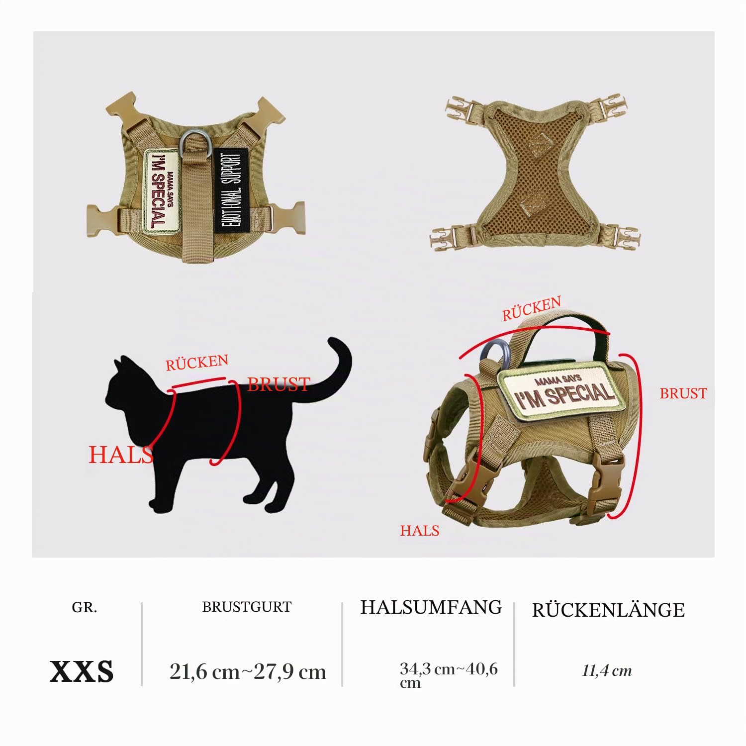 Taktisches Katzengeschirr für Spaziergänge, ausbruchsicher, weiches Netzgewebe, verstellbar, Haustierweste, Geschirr für große Katzen und kleine Hunde (M, Khaki)