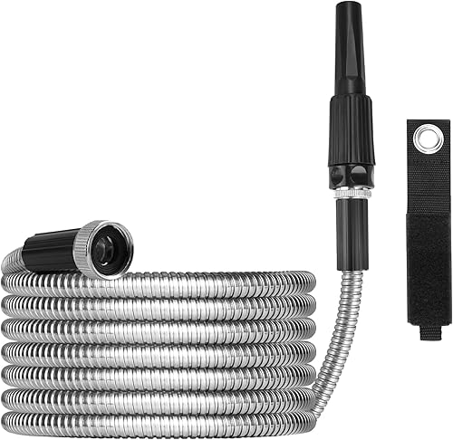 Manguera de jardín de acero inoxidable de 100 pies con boquilla ajustable, manguera de jardín hecha de metal con resistencia a la corrosión y al