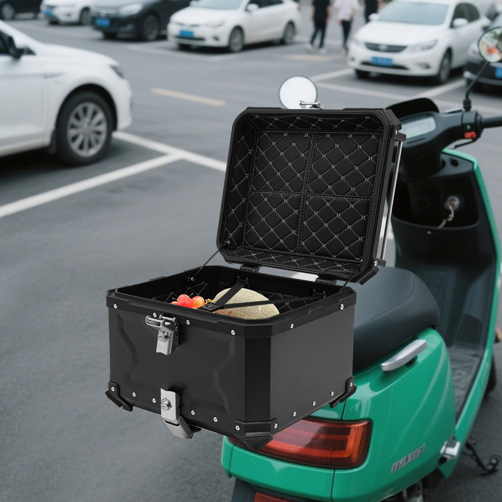 Baúl trasero para moto de 55 L, aluminio con cerradura de seguridad y diseño impermeable, caja trasera universal para casco, equipaje y viajes, portaequipajes de moto, baúl, negro