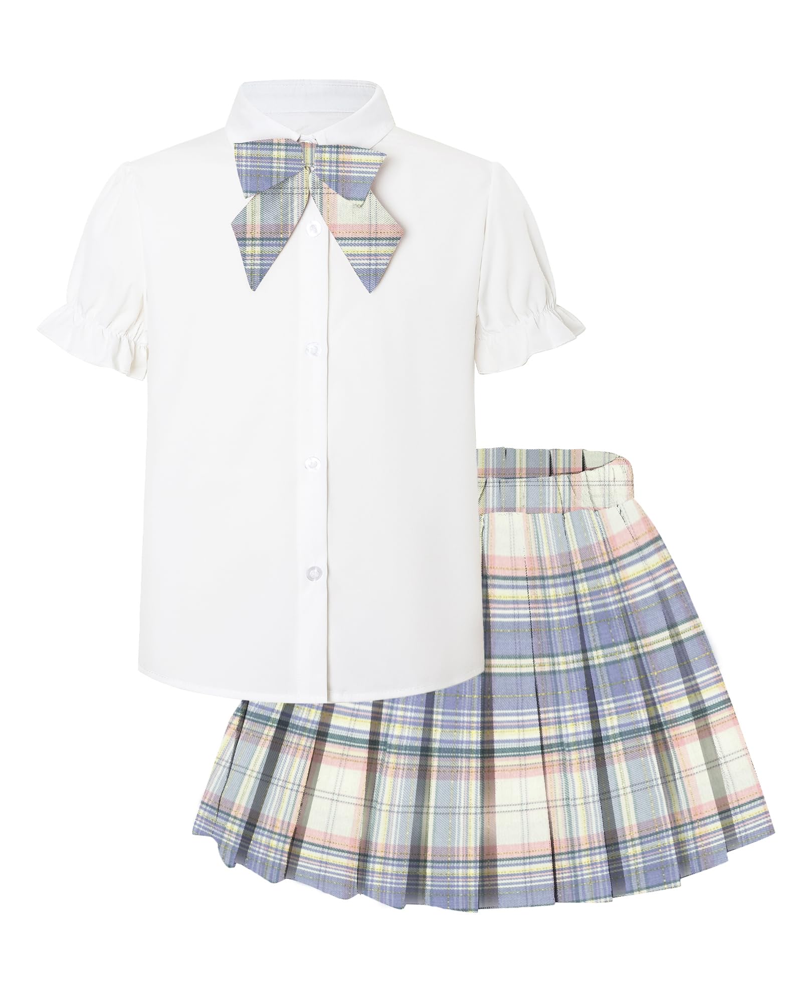 Betusline Girls JK Uniform Outfit, Shirt with Bow &amp; Pleated Skirt,4T-16Y