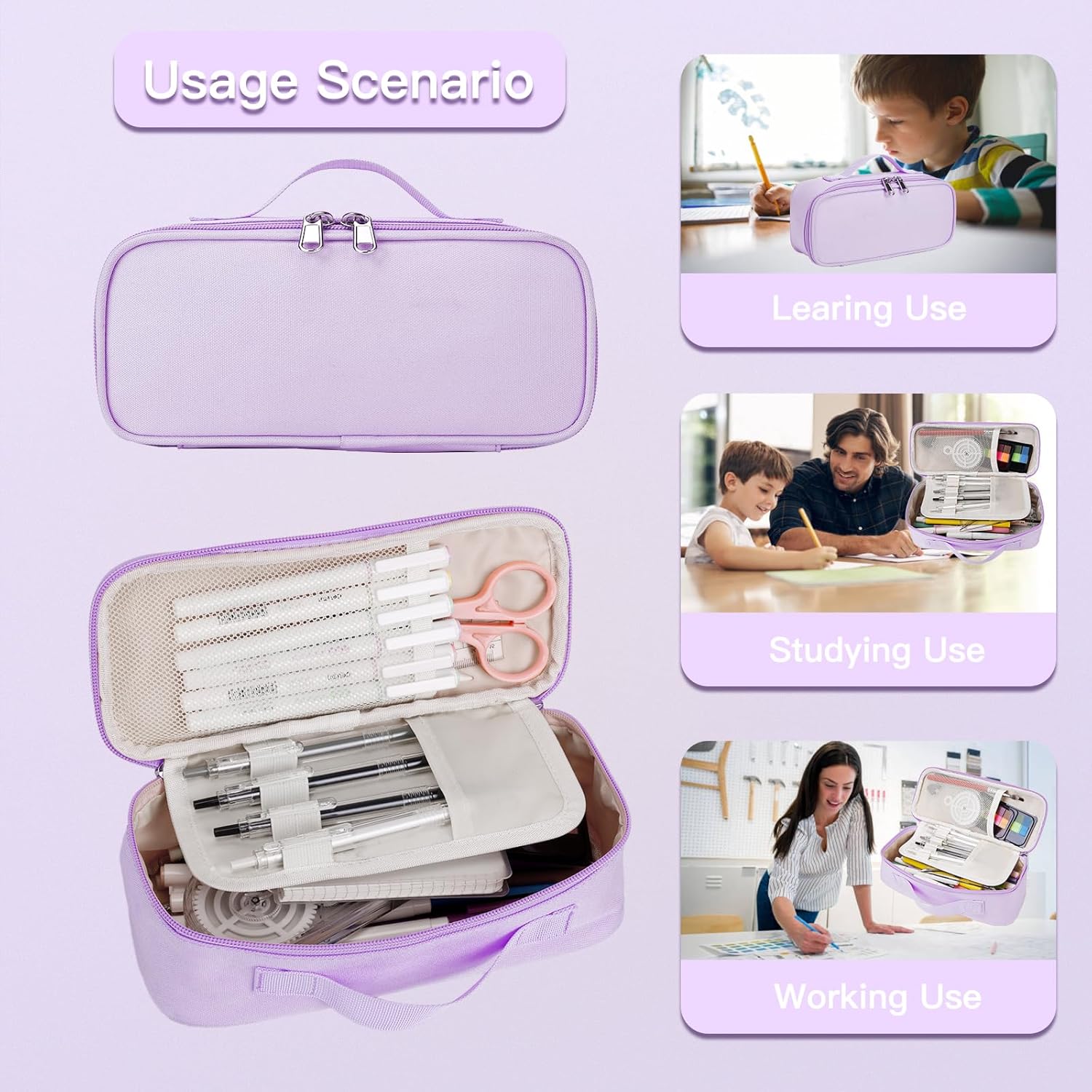 Big Capacity Pencil case pencil Bag Multifunctional Pencil Pouch with Compartmens, pencil box for girls boys Stationery Bag Pencil case Pouch Cosmetic 2100ML (Purple) - Image 6