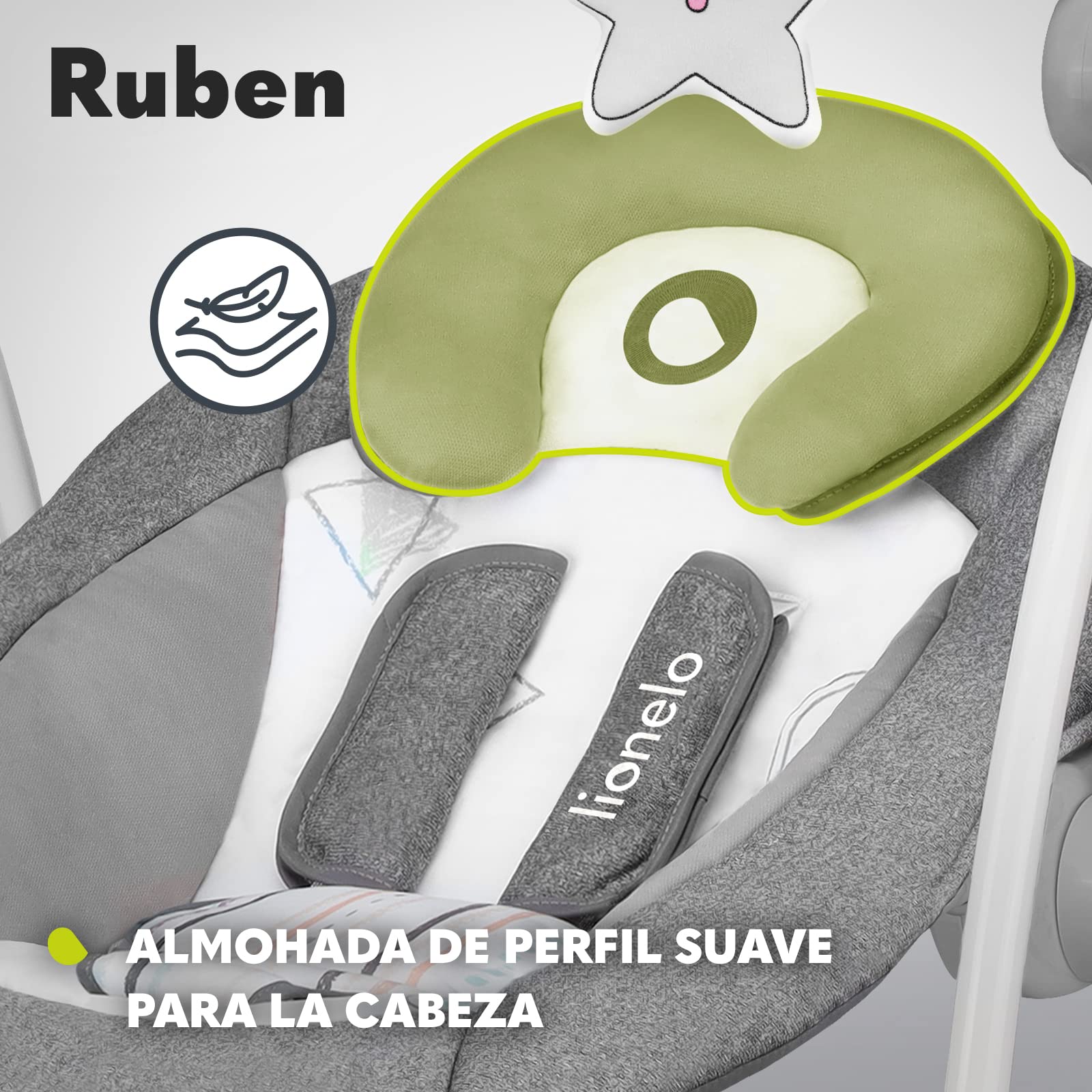 Lionelo Ruben Columpio-Hamaca para Bebé, temporizador | Niño, hasta 9 kg Regulación del Respaldo en 2 Niveles 5 Velocidades de Balanceo 12 Melodías