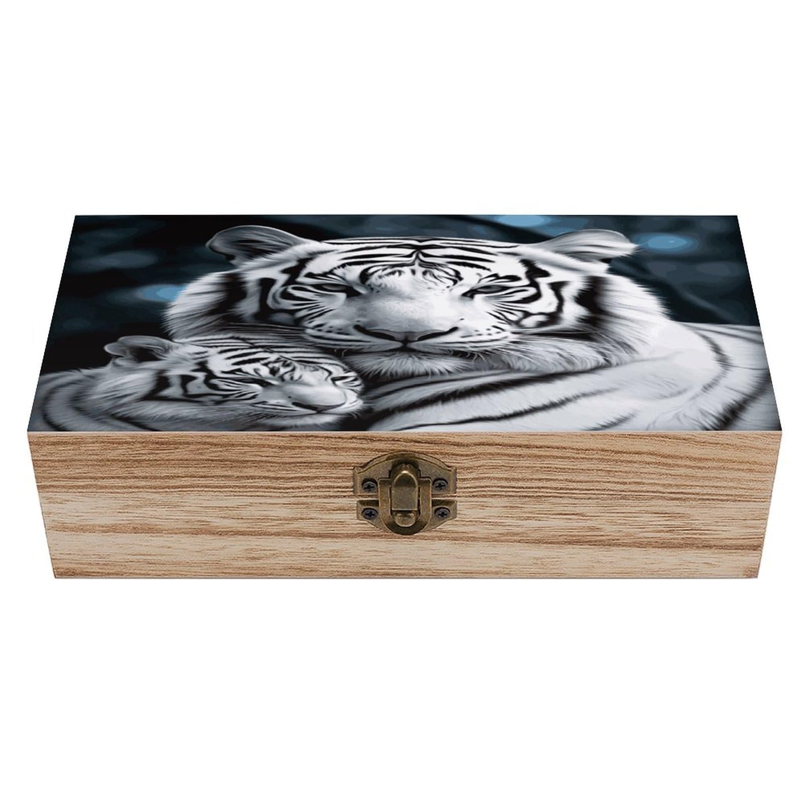 VstaDank White Tiger Wooden Storage Box Wooden Keepsake Box with A Hinged Lid Fashion Memory Treasure Boxes Decorative Jewelry Case for Crafts Photo Home Decor Wood Gift Box