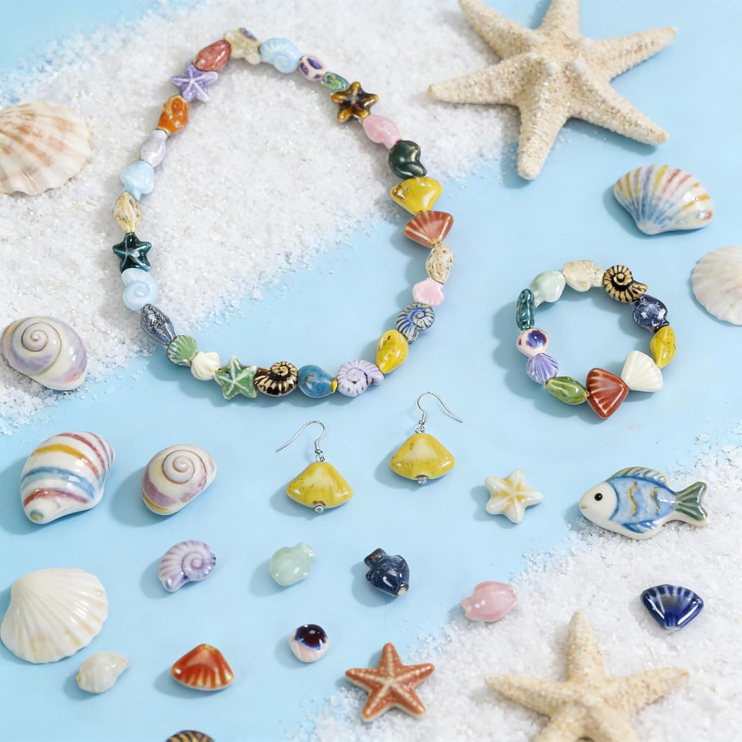 Mixed 0.3 lb Assorted Ceramic Ocean Beads for Jewelry Making, Assortment Bead Bulk Summer Sea Shell Conch Fish Beads for Adults Women Crafts Bracelets Necklace Earrings
