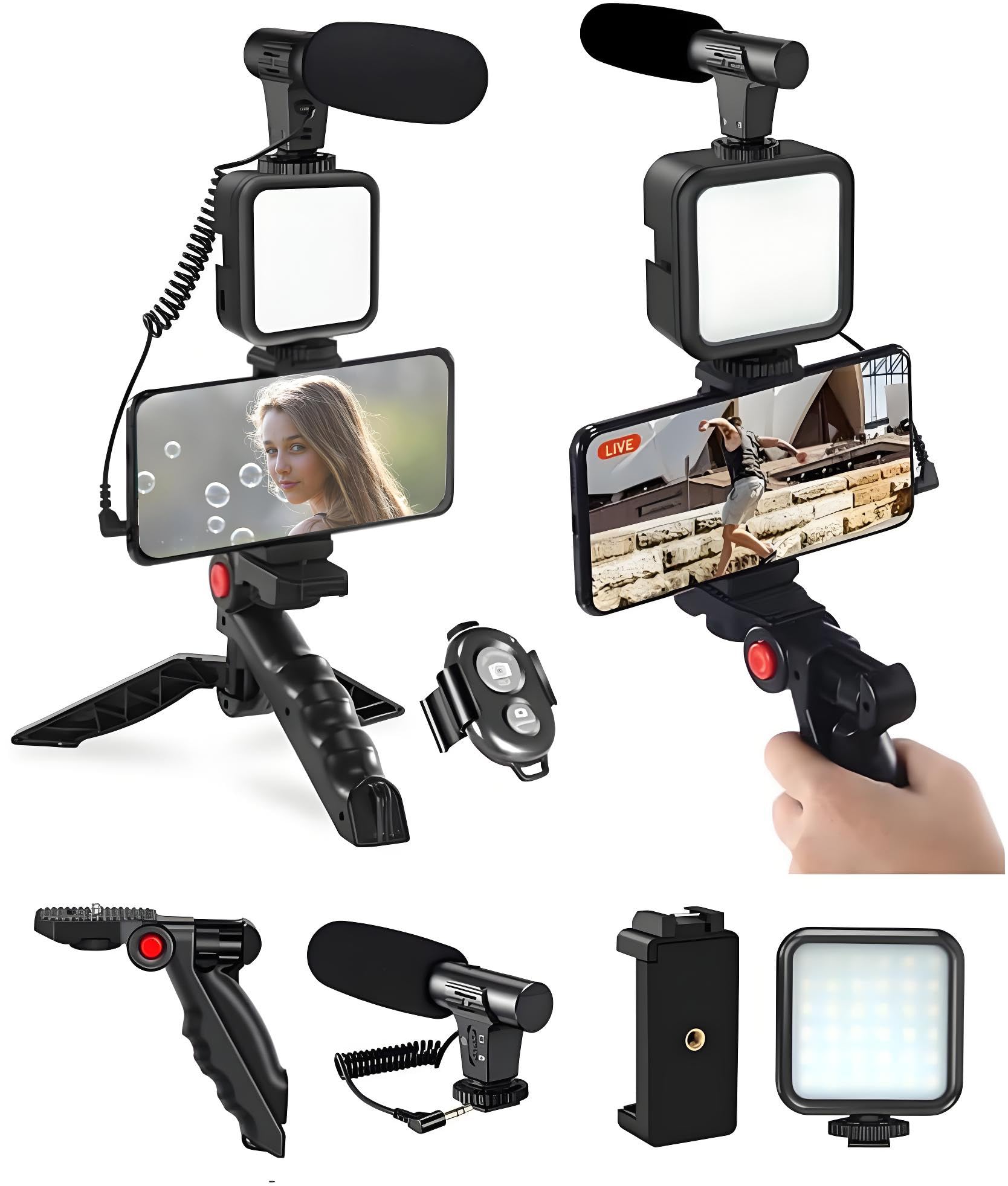 Kit video per smartphone professionale, kit per telefono, include luce LED, microfono, supporto e treppiede, compatibile con iPhone, Android, Youtube, TikTok, Vlog, Live Streaming