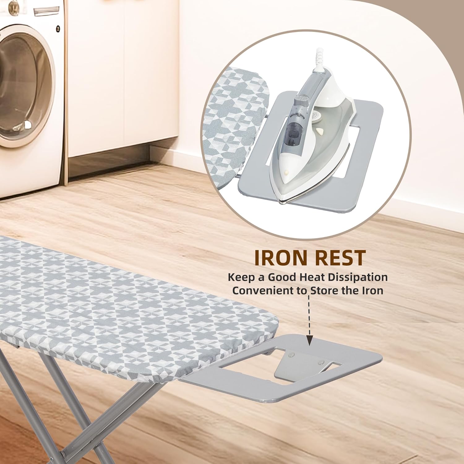 STO STO Ironing Board Full Size 45" x 14" with Iron Holder, 7 Height Options 29" to 36", Space Saving Foldable Iron Board with Removable Covers and Reinforced Steel Legs, Grayish Blue Plaid