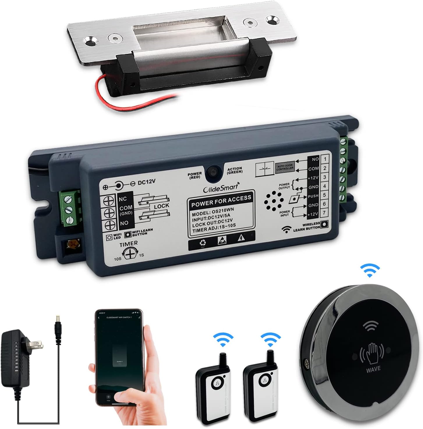 Olideauto Door Entry Locking System,Compatible with Alexa,Google,Phone App,Hand Free Door Access Control Kit,Smart WiFi Built in Receiver+Electric Strike+Touchless Wave Hand Sensor+FoB Keys