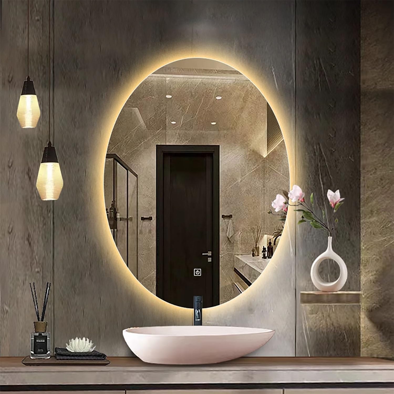 FGXHHS Oval Makeup Mirror 100x75cm AntiFog Bathroom with LED Light 3 Adjustable Colors Backlit Illuminated Frameless Design (24"x32")
