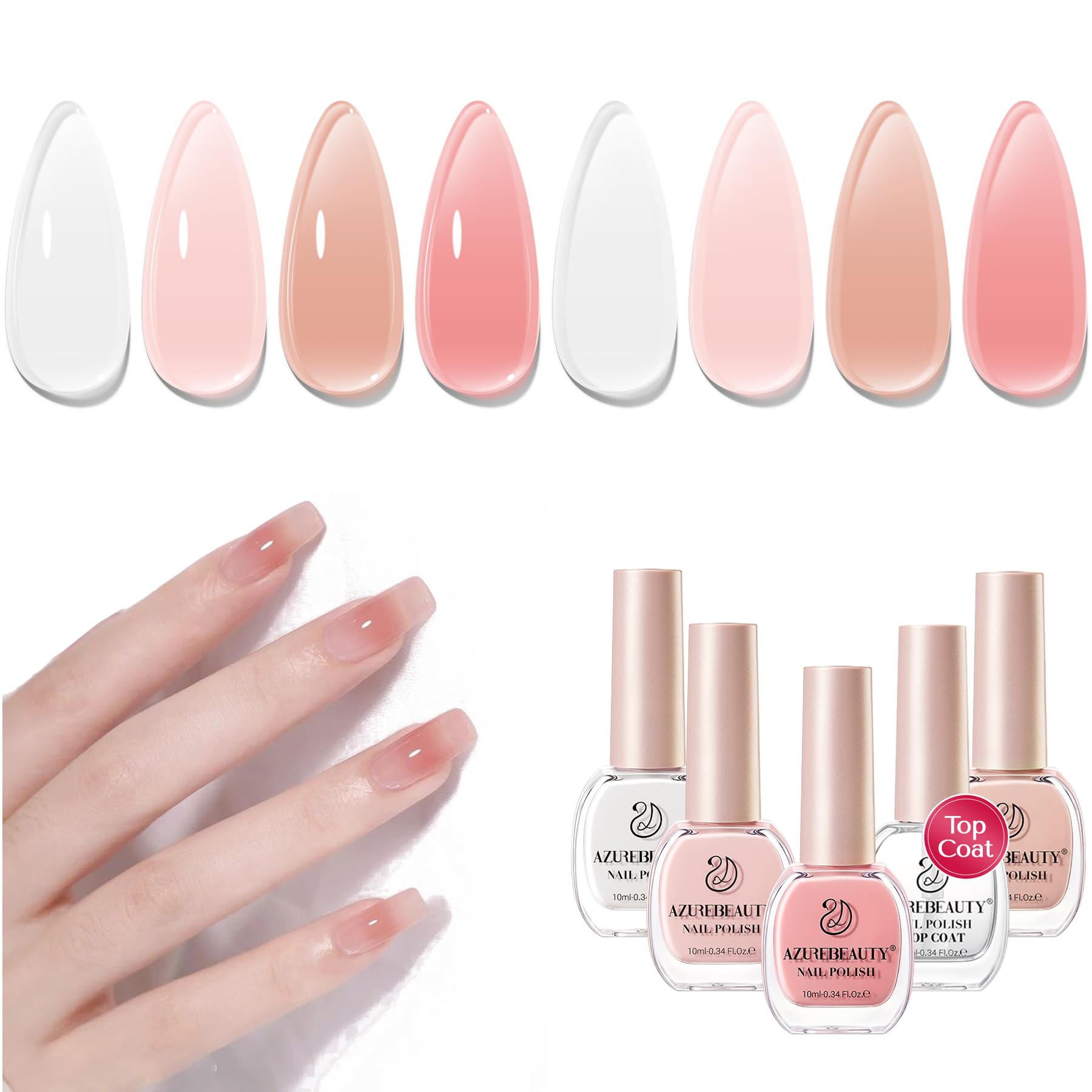 AZUREBEAUTYNail Polish Set, 4 Colors Nude Pink Jelly Transparent Clear Milk White Quick Dry Natural Nail Lacquer Strengthening Treatment Kit with Top Coat DIY Salon at Home