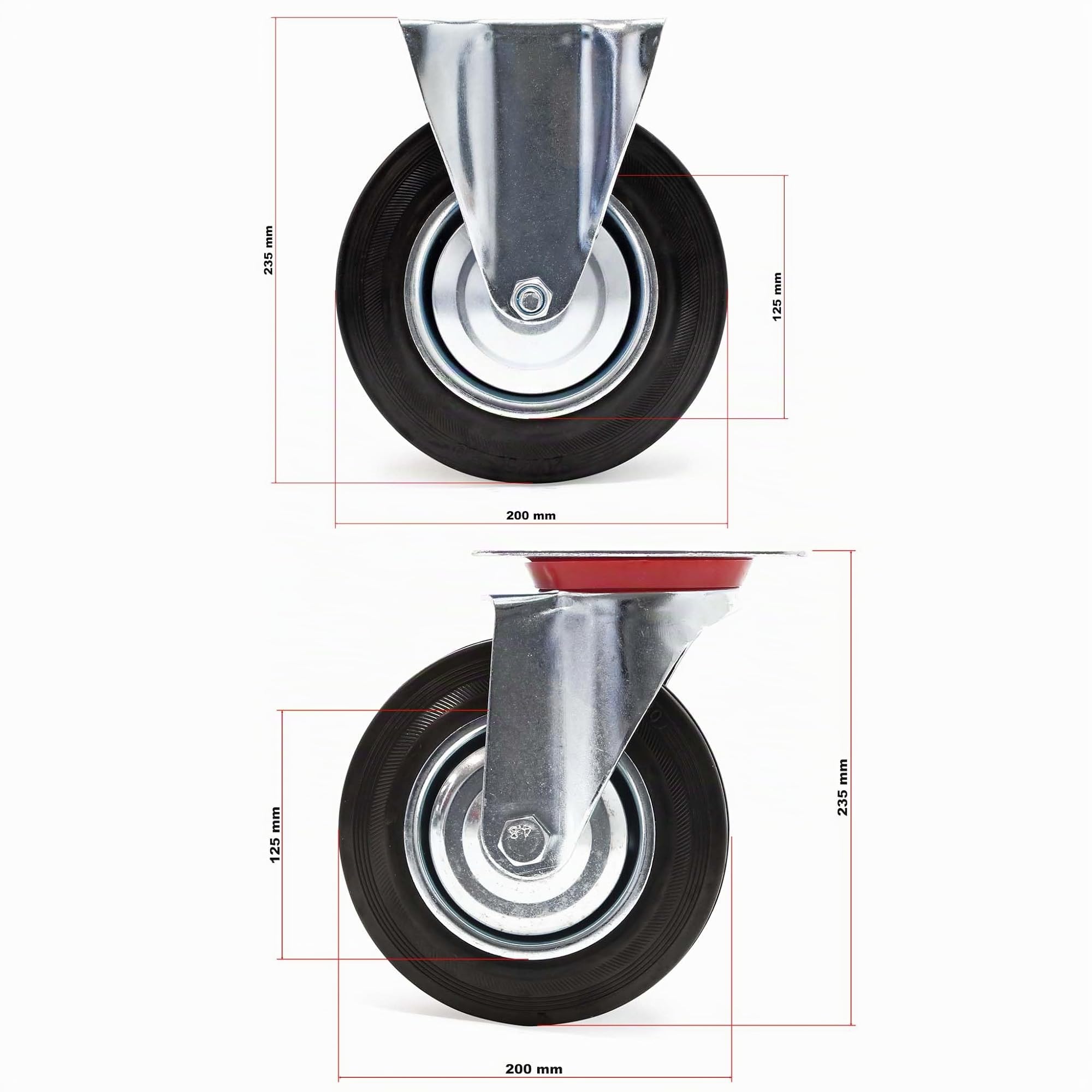 Wiltec Kit de 4 Roulettes – Ø 200 mm – Capacité 150 kg – 2x Roulette pivotante, 2 x Roulette fixe – Roue en caoutchouc avec Plaque de montage Jante métallique – Dispositif de transport, diable