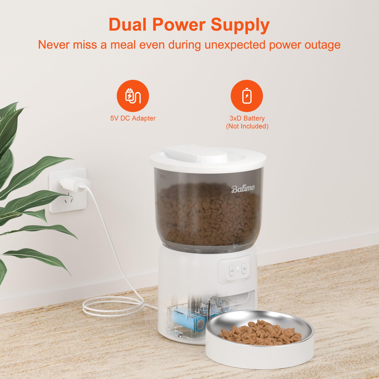 Balimo Distributore Automatico Cibo Gatti, 3L Dispenser Crocchette Gatto, 2.4G WiFi Distributore Cibo Gatti, Adatto Controllo App, Da 1 a 10 Pasti al Giorno, Adatto Per Cani e Gatti, Bianco