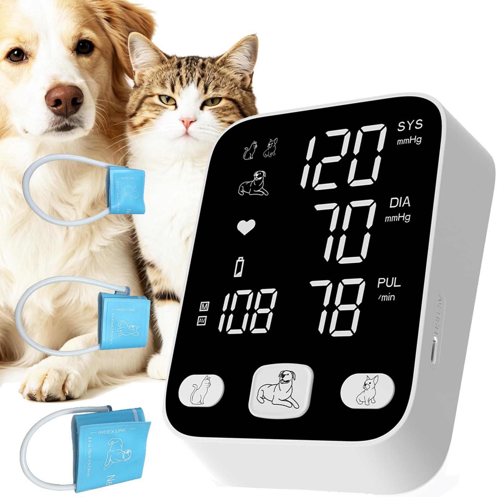 LBO Pet/Dog/Cat Veterinary Blood Pressure Monitor, Animal Automatic Digital BP Machine with Large LCD Screen Backlight 3 Cuffs 3 * 199 Memory Silent Standard Kit