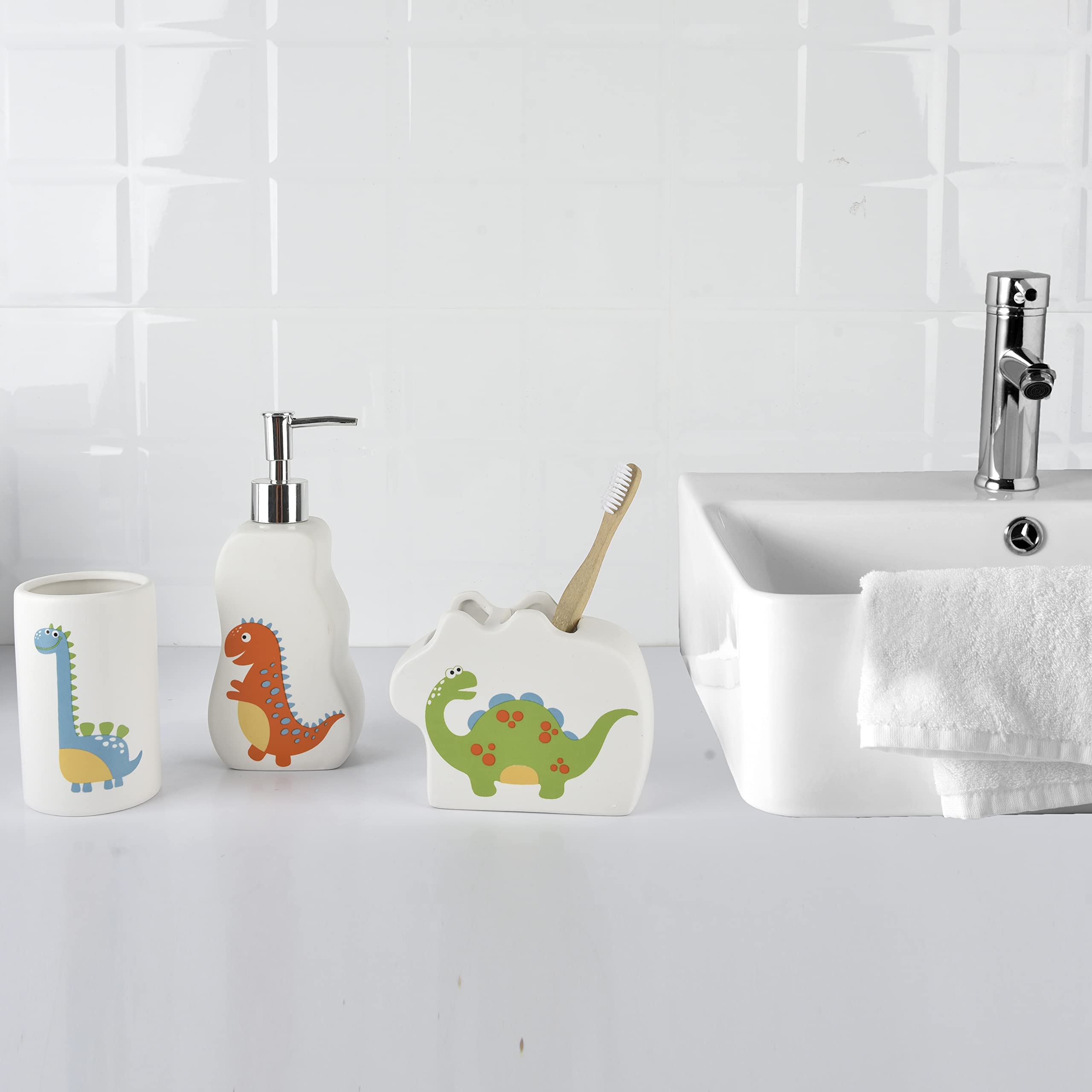 Juego de baño de dinosaurio para niños – 3 piezas divertidos accesorios de baño para niños, incluyendo soporte para cepillo de dientes, dispensador de jabón y taza – Adorable decoración