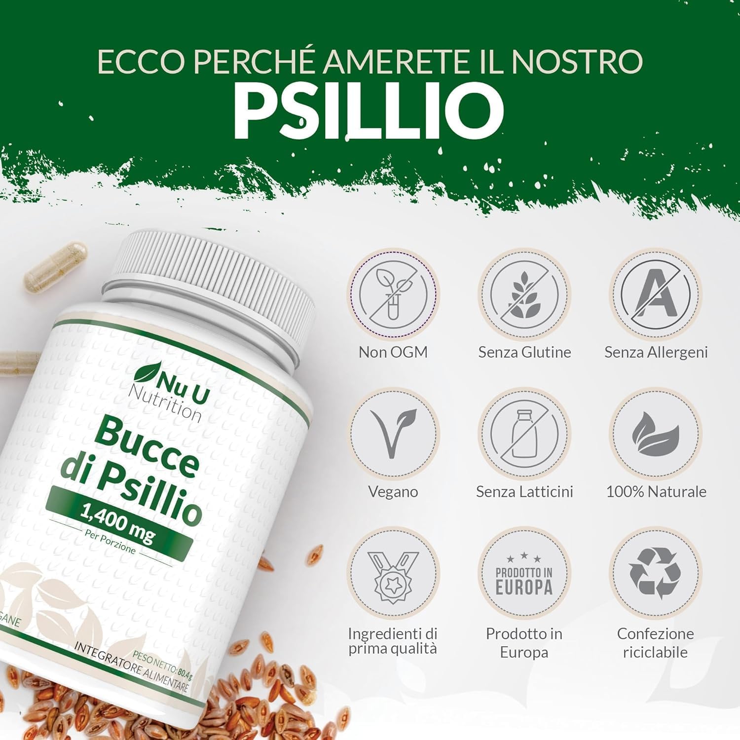 Bucce di Psillio Alto Dosaggio 1400mg - 240 Capsule Vegane - 4 Mesi di Fornitura - Prebiotico Naturale Psyllium Husk - Integratore Ricco di Fibre - Prodotto in Europa - Nu U Nutrition