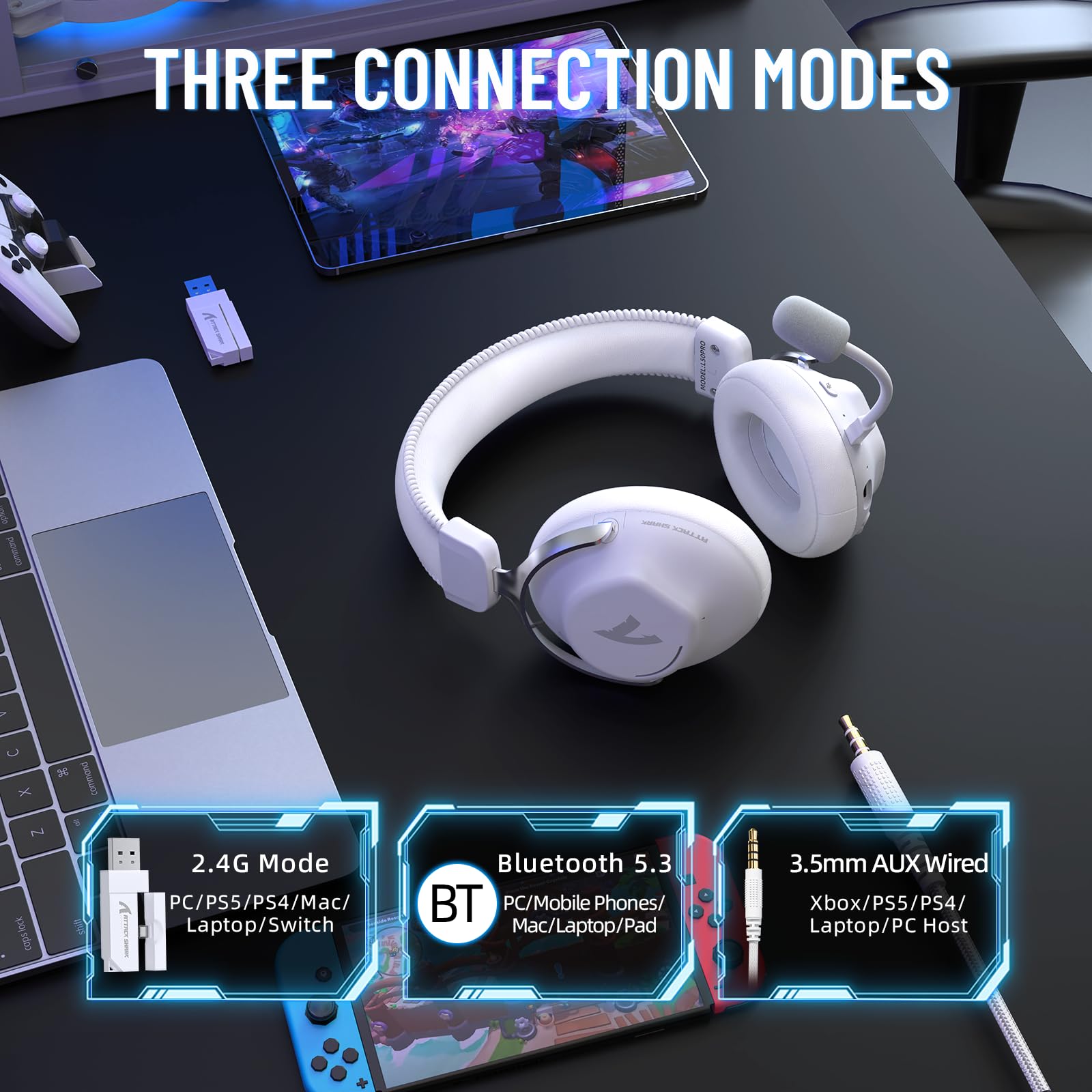 ATTACK SHARK L50PRO kabelloses Gaming-Headset, 7.1-Surround-Sound, EQ-Modi, 53-mm-Treiber, Tri-Mode-Konnektivität, 1100-mAh-Akku, Over-Ear-Headset mit abnehmbarem Mikrofon mit Geräuschunterdrückung