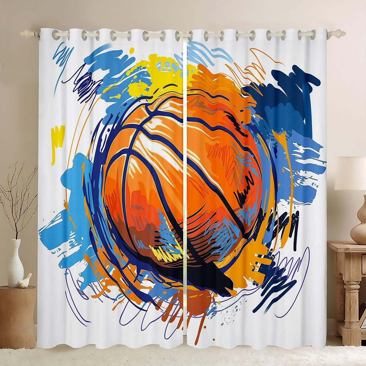 Kids Basketball Window Curtains 52W"x96L" Boys Games Sports Theme Curtain Panels Youth Graffiti Tie Dye Window Drapes Basketball Sport Window Treatments Living Room Decor Child Room Decor Orange Blue