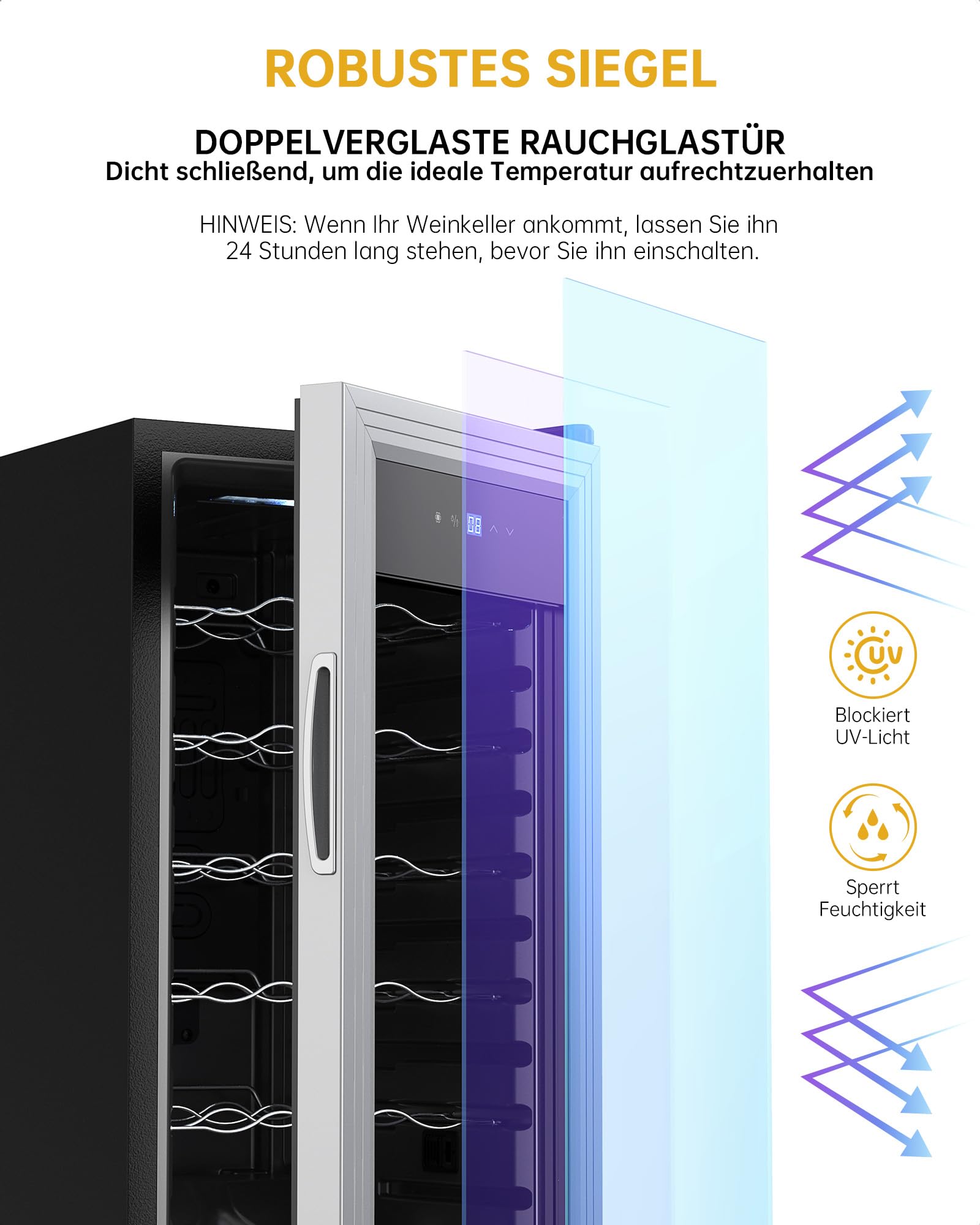 WIE Weinkühlschrank Compressor 53 Liter 18 Flaschen Getränkekühlschrank mit Glastür LED Touchpanel Anti-UV 5-18°C