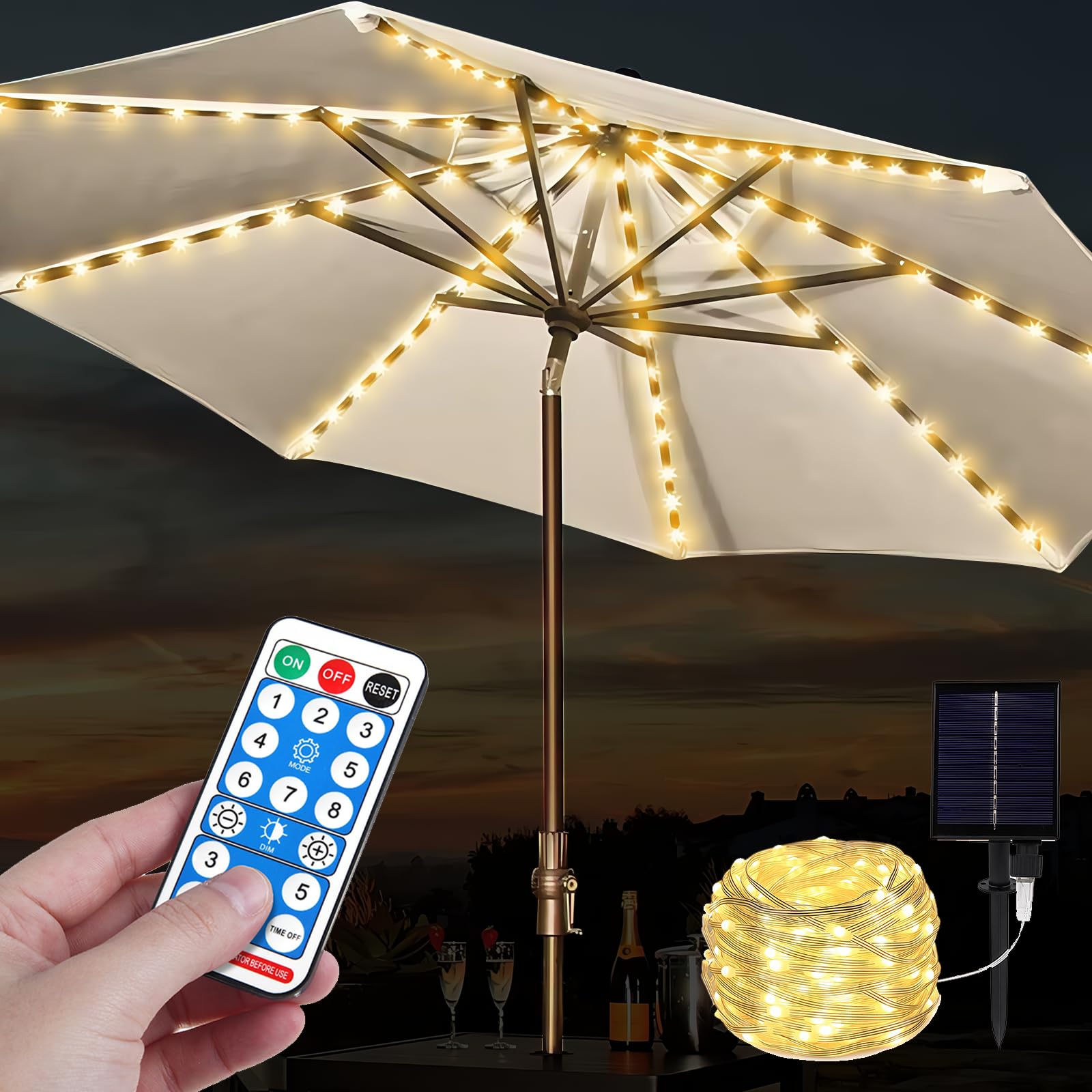 Cadena de luces solares para sombrilla, guirnalda de luces con 104 LED, luces solares para sombrilla, luces de sombrilla con mando a distancia, cadenas de luces para sombrilla, para tiendas de