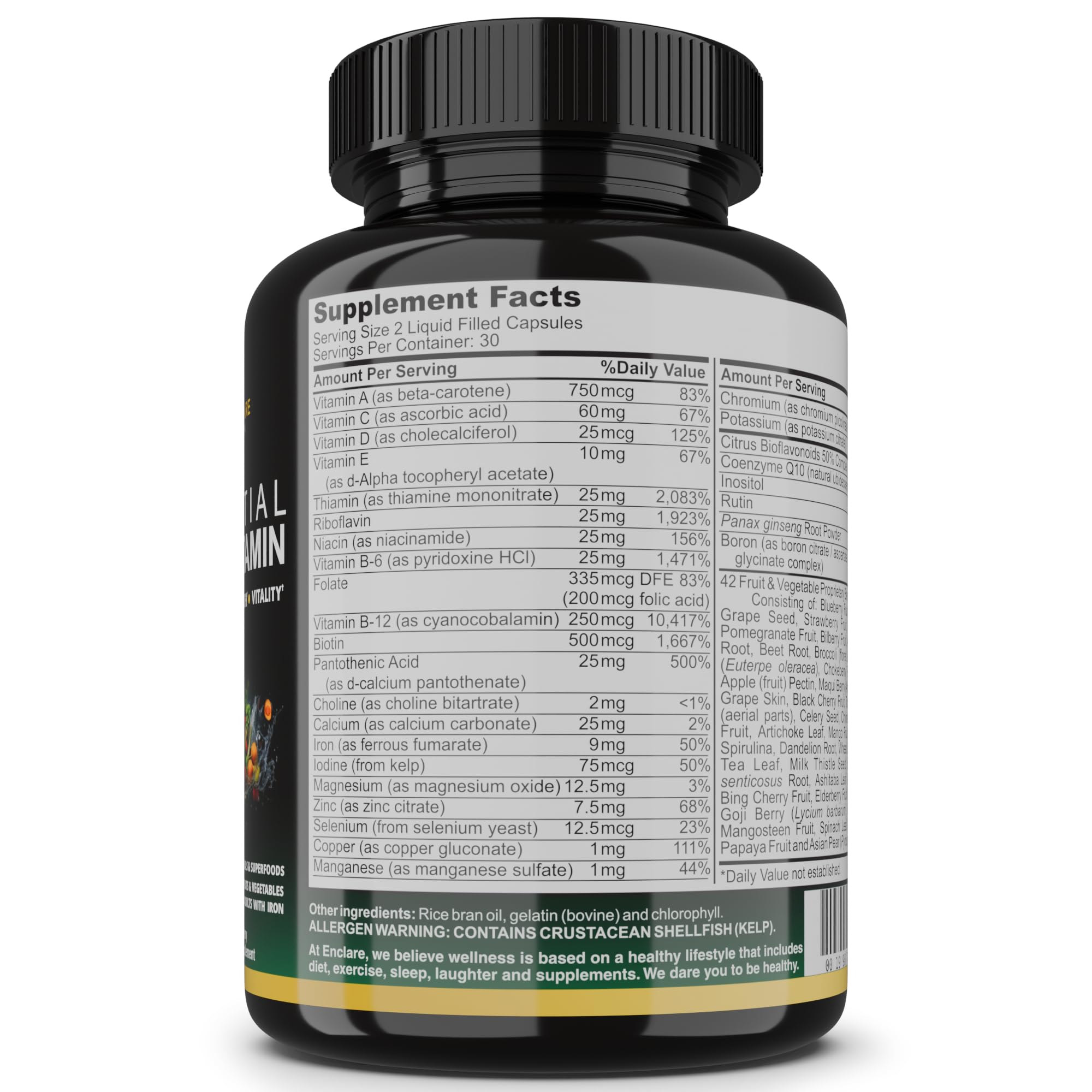 Essential Multivitamin for Women & Men – Complete Daily Multi Vitamin with Vitamin D, C, B12 & B Vitamins + Minerals, Folic Acid, Iron, Zinc – 42 Fruit & Vegetable Superfood Blend – 60 Liquid Capsules — Amazon image 3