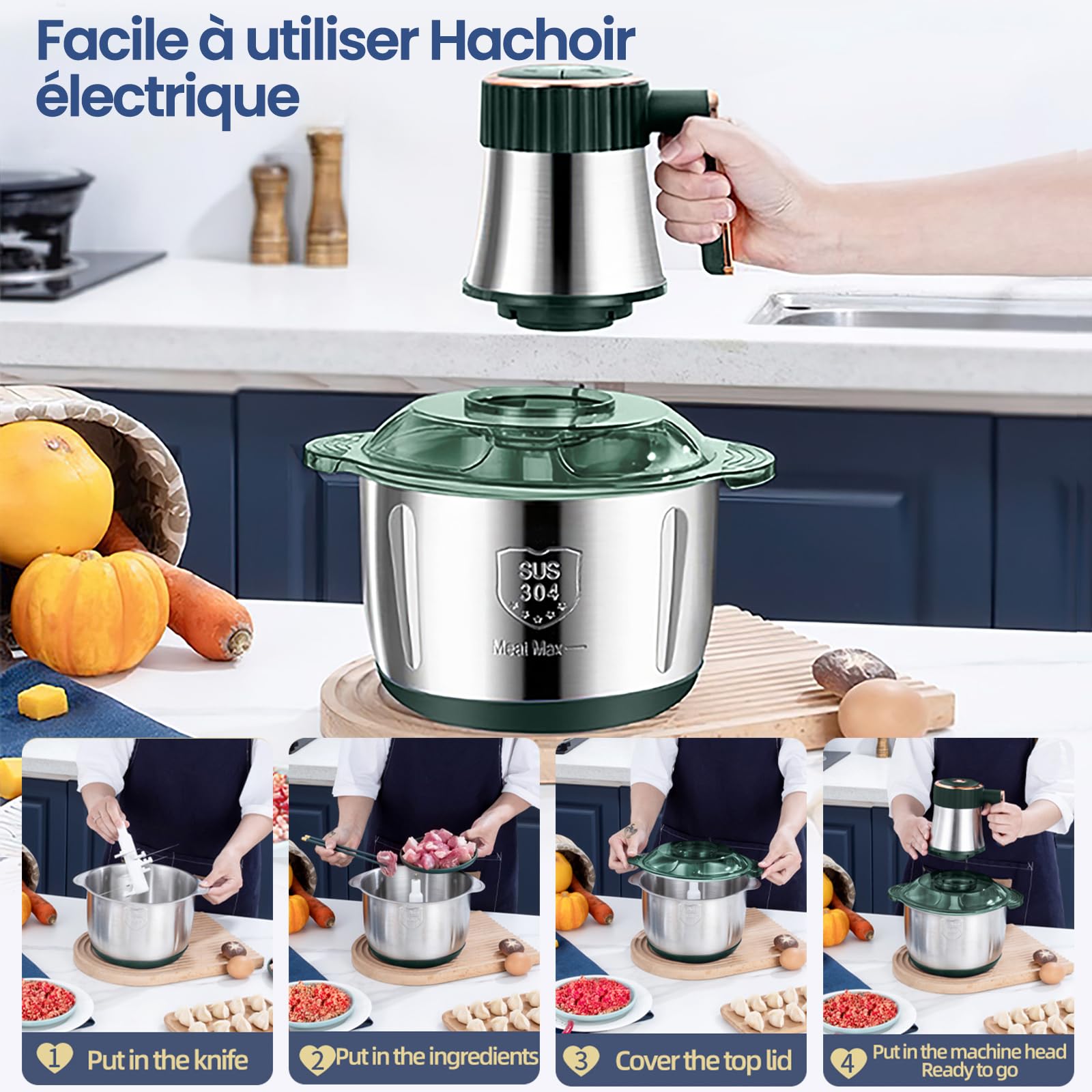 Hachoir Électrique 5L en Acier Inoxydable, Hachoir à Viande 500W avec 6 Lames, 5 Vitesses Réglables, Mixeur Multifonction pour Viande, Légumes, Noix et Aliments Bébé, Facile à Nettoyer (Vert)