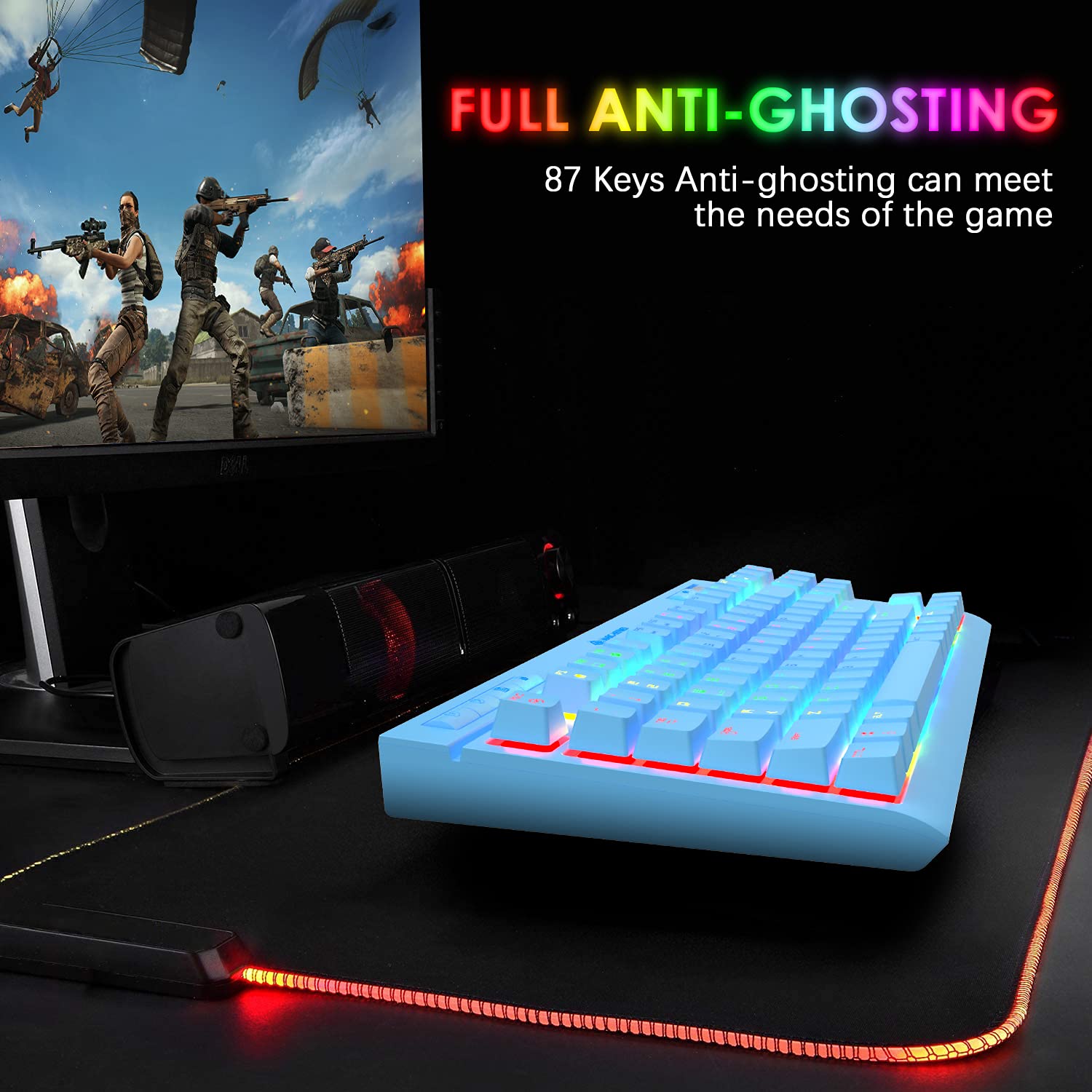 MK17 TKL -Tastiera meccanica da gioco, 87 tasti 18 Chroma RGB illuminata LED retroilluminato con interruttore blu Tastiera meccanica, tasti multimediali dedicati, tasti completi Anti-ghosting-Blu
