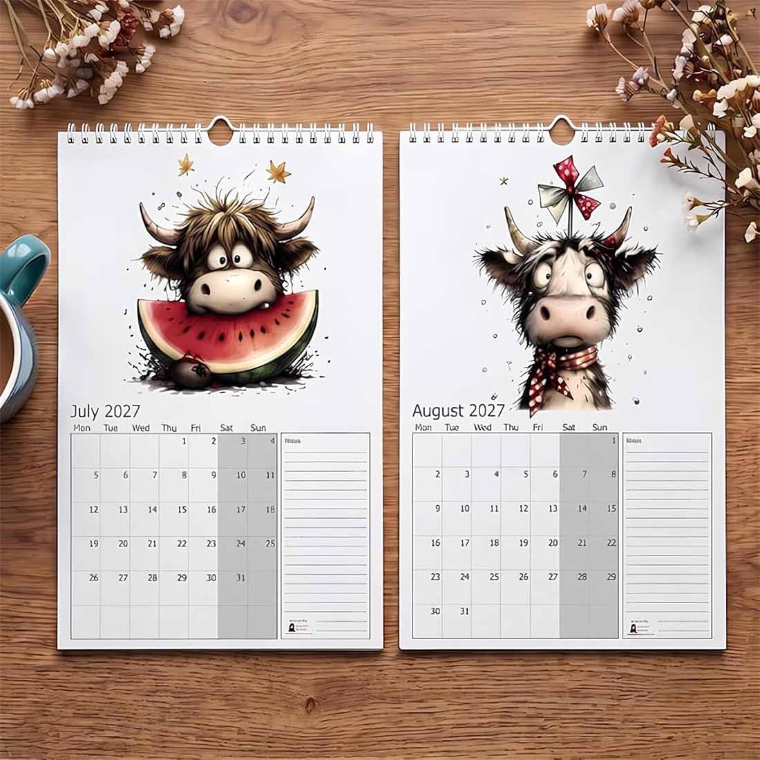 2027 Niedlicher Highland Cow Wandkalender mit Spiralbindung (3Stück) | 2027 Lustiger Highland-Kuh-Wandkalender, 12 monatliche Highland-Kuh-Designs für Kuhliebhaber