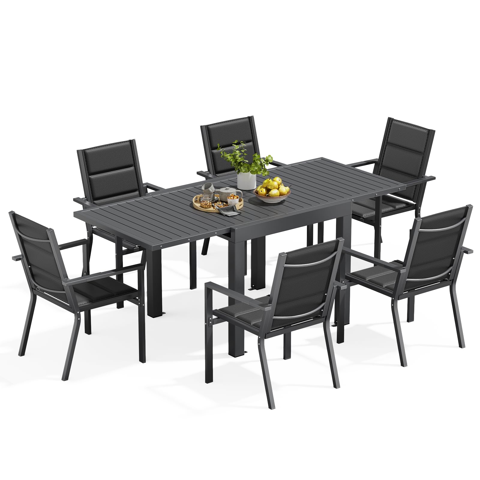 Devoko Conjunto Jardin Exterior 6 Personas, Mesa y Sillas De Comedor De Aluminio 6+1, 6 Sillas Apilables de Aluminio y 1 80-160CM Mesa Jardin Extensible de Aluminio, Muebles Jardin, Gris Oscuro