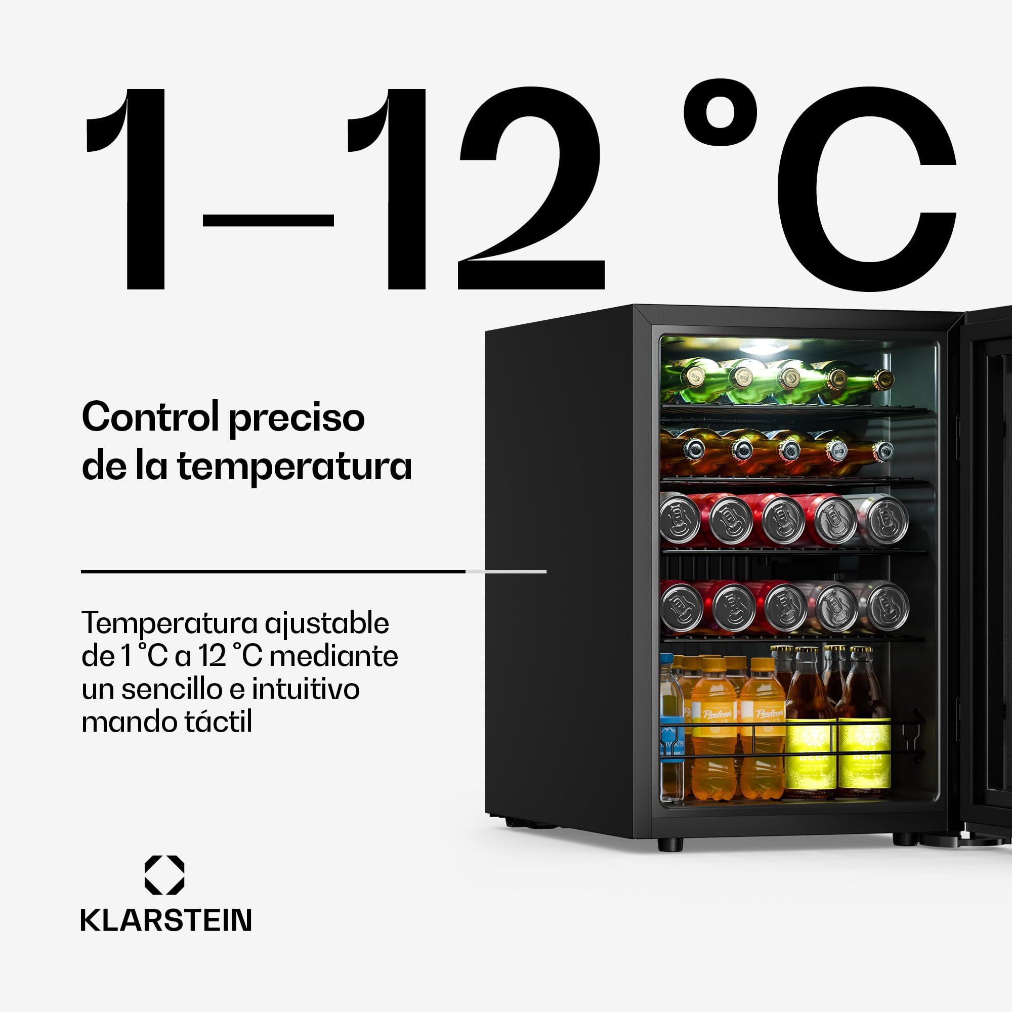 KLARSTEIN Nevera para bebidas Bevora 62 L – Nevera para bebidas con puerta de cristal, control táctil, iluminación LED, temperatura ajustable de 1 a 12 °C, 2 estantes