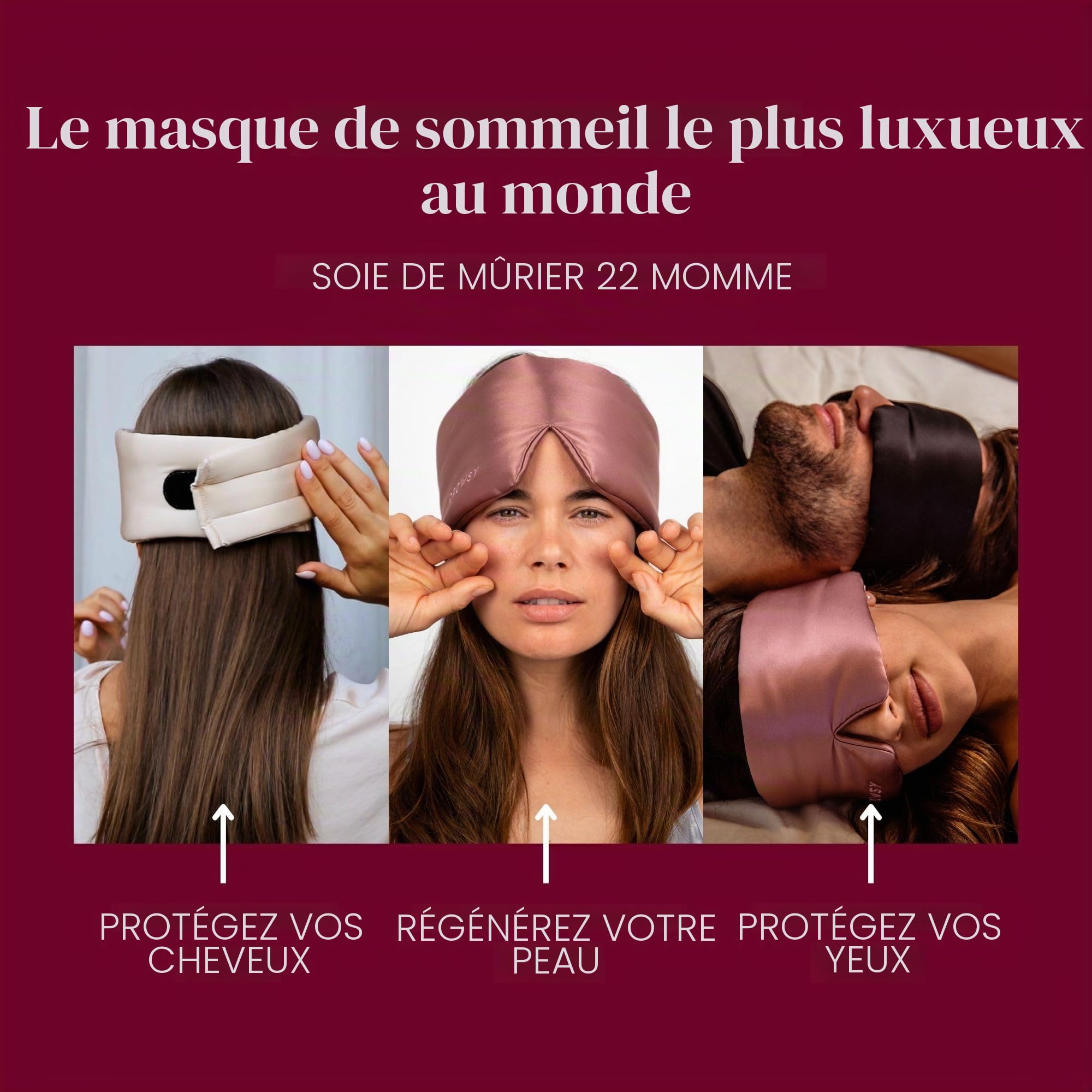 DROWSY Masque de Nuit en Cocon de Soie Matelassée - Cache Yeux pour Dormir Épousant la Forme du Visage - Sommeil Confortable dans l'Obscurité Totale (La Vie En Rouge)