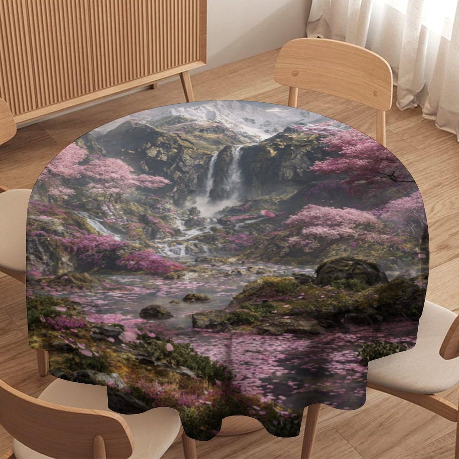 Luyysky Beautiful Abstract Cherry Blossom Round Tablecloth Vintage Romantic Spring Waterfall Japanese Cherry Blossoms Washable Decor For Table Cover For Kitchen-177.8" Wx177.8 L Cm