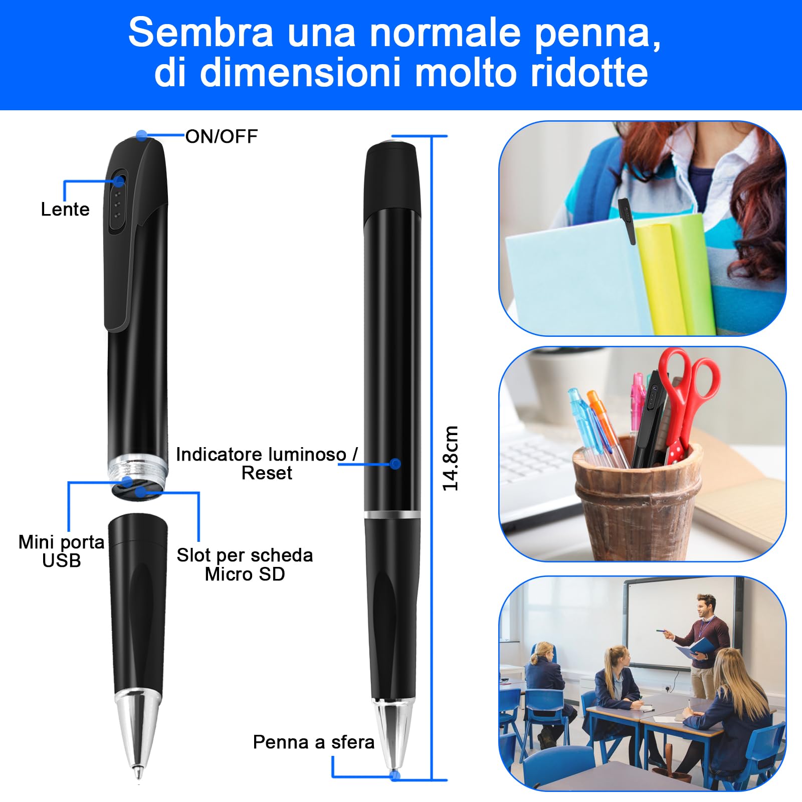 Telecamera Penna Spia 1080P, Microcamera Spia Invisibile con Audio, Portatile Telecamera Nascosta Spia con Micro SD da 32GB, Registrazione in Loop per aule, sale e altri luoghi al chiuso e all'aperto