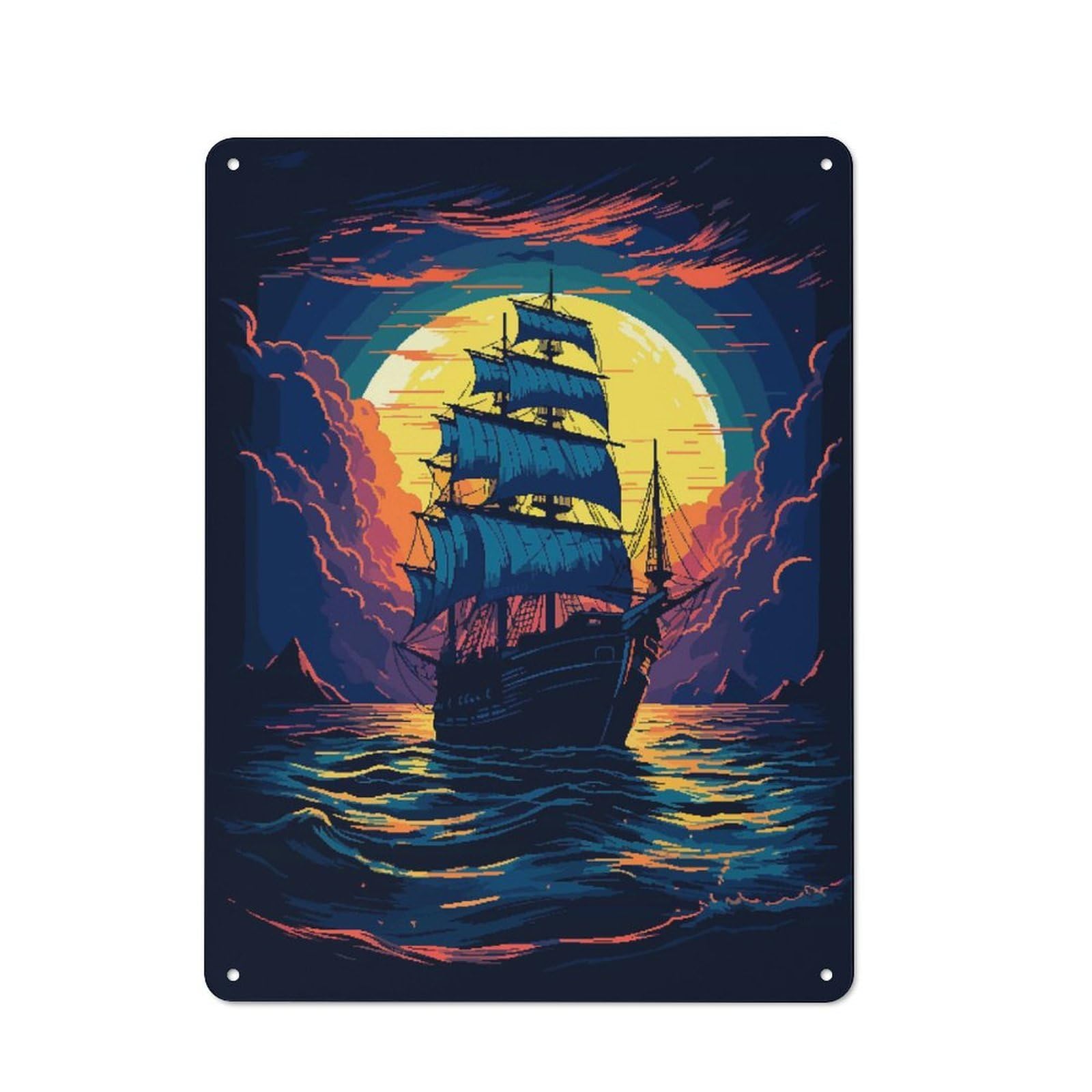 Metal Sign 40x30cm with Old Ship Sea Pixel Art for Garage Wall, Vintage Decor, Winter Wall Decor for People Furnishing A Garage