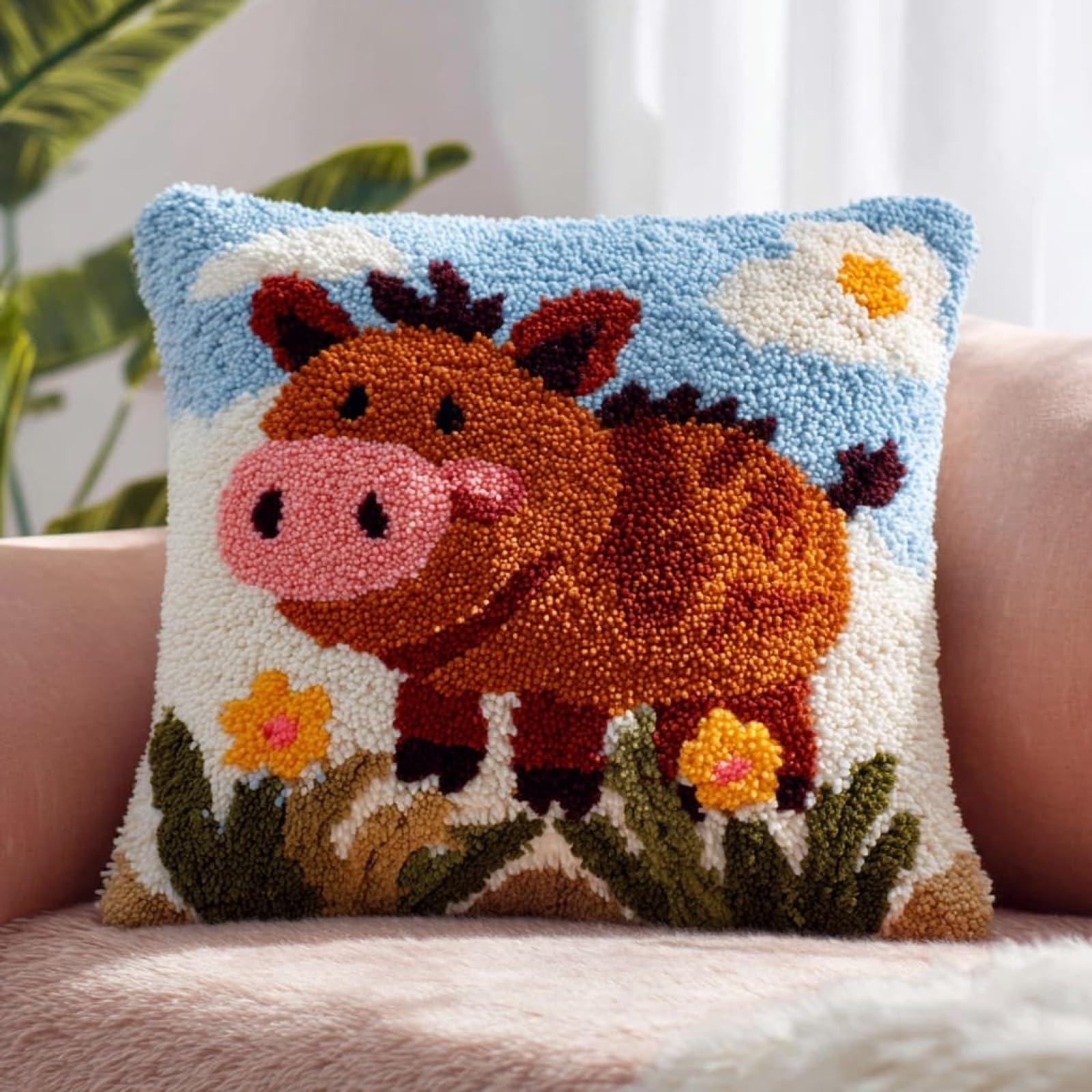 Henypt 43x43cm Latch Hook Cushion Making Kit,Wild Boar and Flowers Printed Canvas Latch Hook Soft Yarn Pillow Set,Ideal Creative Gift for Adults