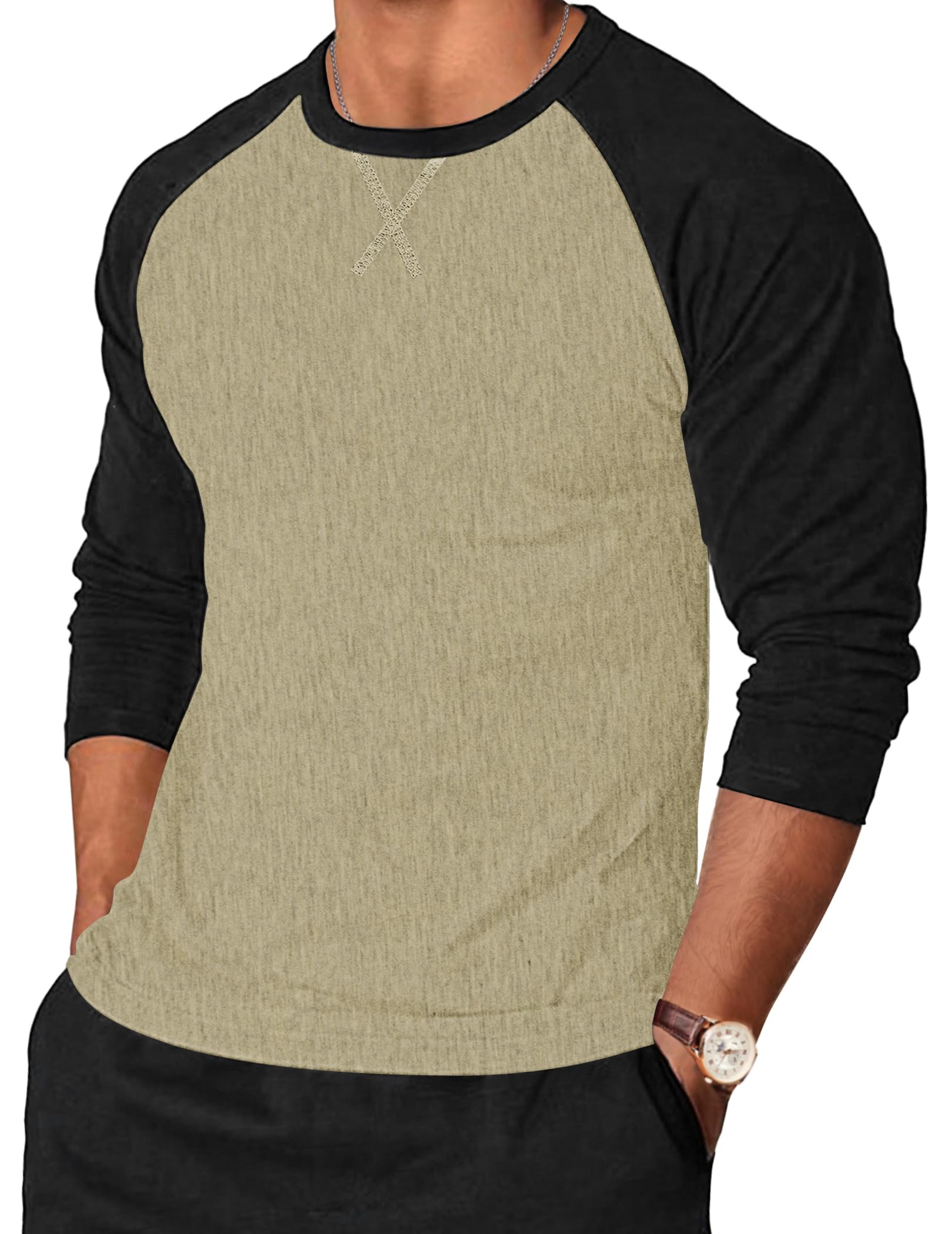 TARAINYA Herren T-Shirt Baumwolle Rundhals Shirts Langarmshirt Basic Tshirts Raglanärmel Longsleeve Männer Hellkhaki Schwarz M