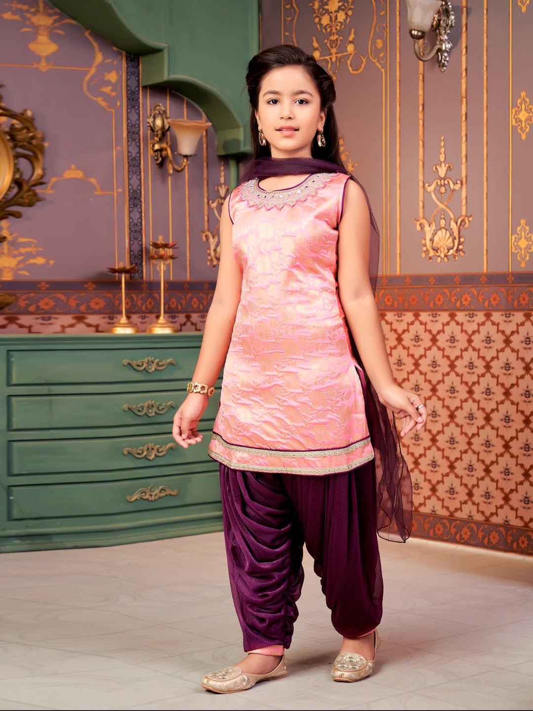 Aarika Girls Ethnic Wear Pink-Purple Colour Mirror Embroidery Brocade Kurti Patiala Set With Dupatta-5-13 Years (Pt-18138)