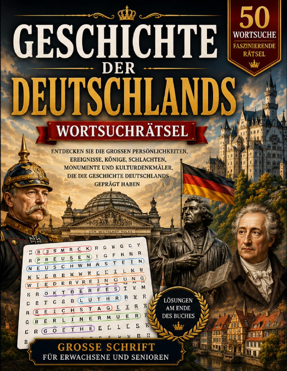Deutsche Geschichte Wortsuche: 50 Große Rätsel für Erwachsene und Senioren – Deutsche Kultur, Geschichte und berühmte Persönlichkeiten (Großdruck Wortsuchrätsel)