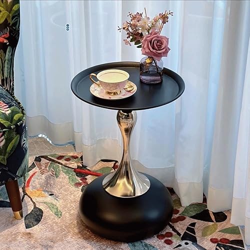 Miniatura 5 de Mesa auxiliar redonda moderna con base de pedestal dorada, parte superior de metal negro, mesa auxiliar decorativa para sala de estar (negro)