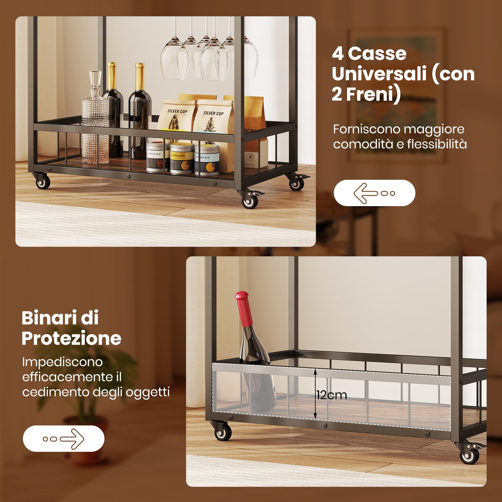 RELAX4LIFE Carrello Bar a 3 Livelli con Vassoio Rimovibile, Portabottiglie e Porta Bicchieri, Carrello su Ruote con Manico per Sala da Pranzo e Soggiorno