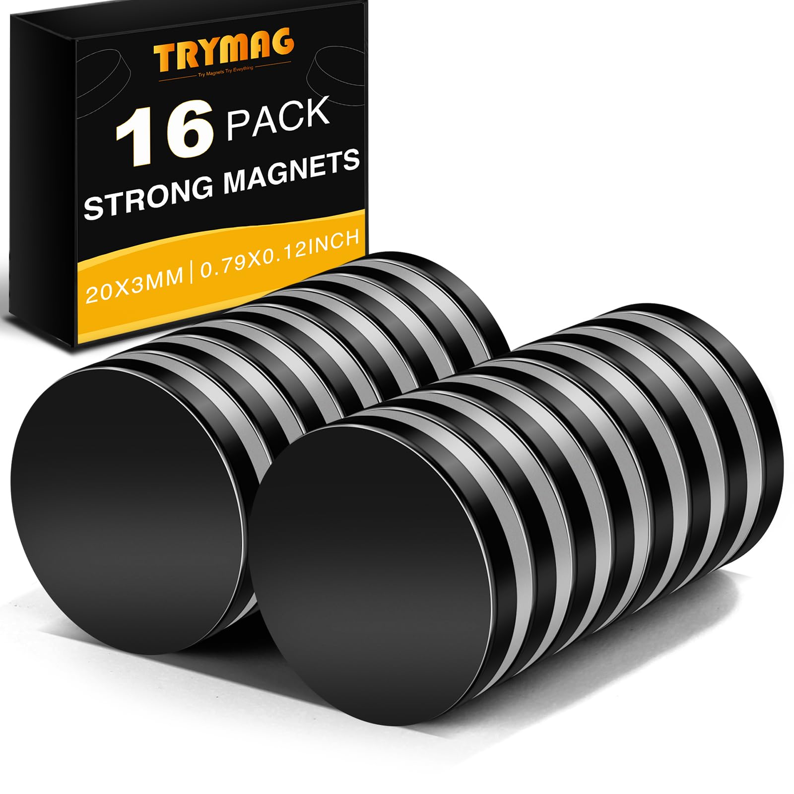 TRYMAG 16Pcs Strong 20x3mm Neodymium Magnets for Crafts, Heavy Duty Black Small Round Refrigerator Magnets for Office, Neodymium Rare Earth for Whiteboard, Dry Erase Board, Cabinets