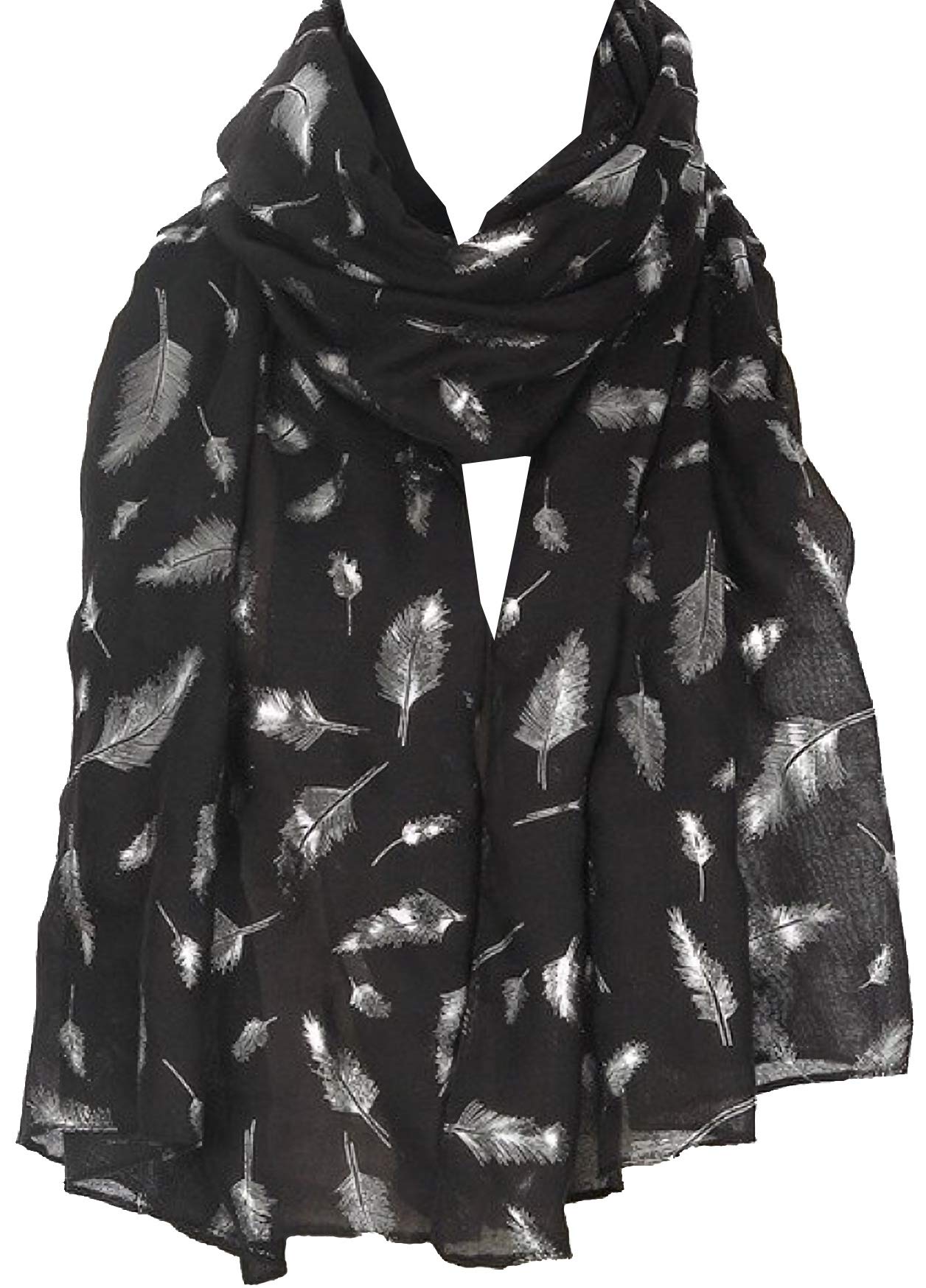 World Of Shawls Women's Feather Black New Glitter Foil Sparkle Print Scarf Scarves (Feather Black)